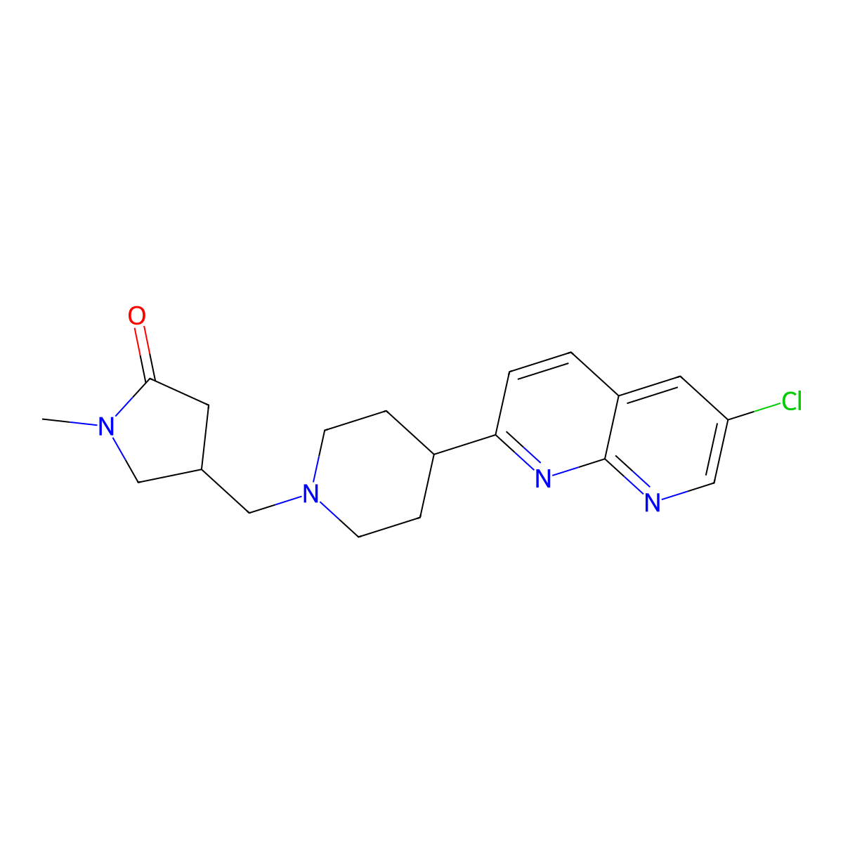 4-{[4-(6-Chloro-1,8-naphthyridin-2-yl)piperidin-1-yl]methyl}-1-methylpyrrolidin-2-one molecular structure, CAS 2741940-39-4