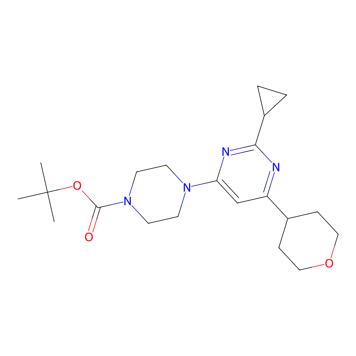Tert-butyl 4-[2-cyclopropyl-6-(oxan-4-yl)pyrimidin-4-yl]piperazine-1-carboxylate molecular structure, CAS 2741940-40-7