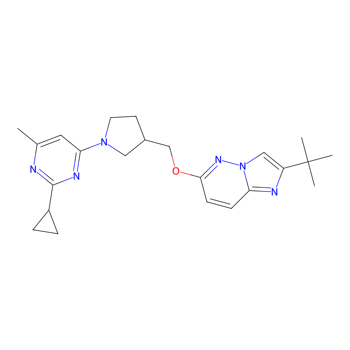 4-{3-[({2-Tert-butylimidazo[1,2-b]pyridazin-6-yl}oxy)methyl]pyrrolidin-1-yl}-2-cyclopropyl-6-methylpyrimidine molecular structure, CAS 2741940-55-4