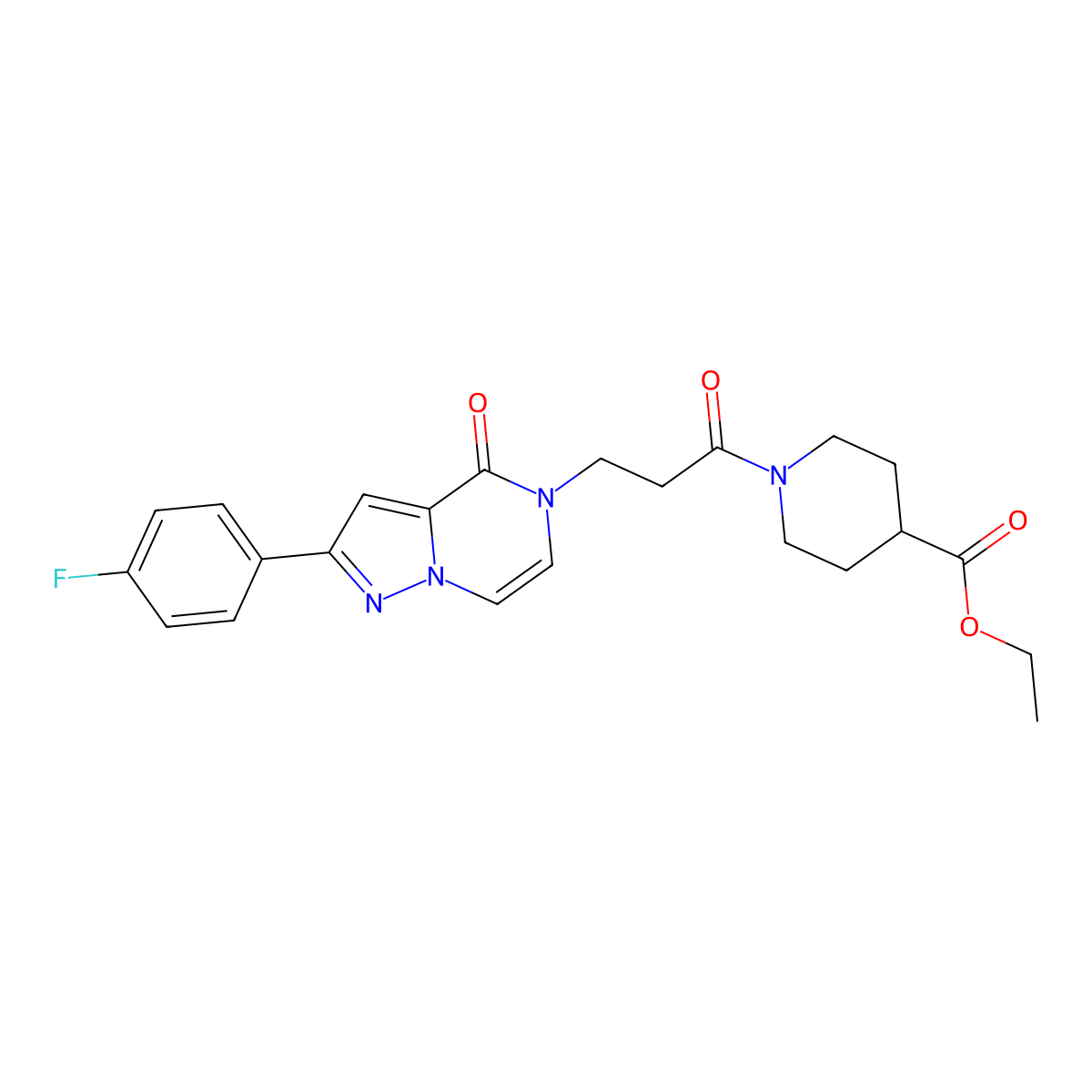 Ethyl 1-[3-[2-(4-fluorophenyl)-4-oxopyrazolo[1,5-a]pyrazin-5-yl]propanoyl]piperidine-4-carboxylate molecular structure, CAS 2741940-62-3