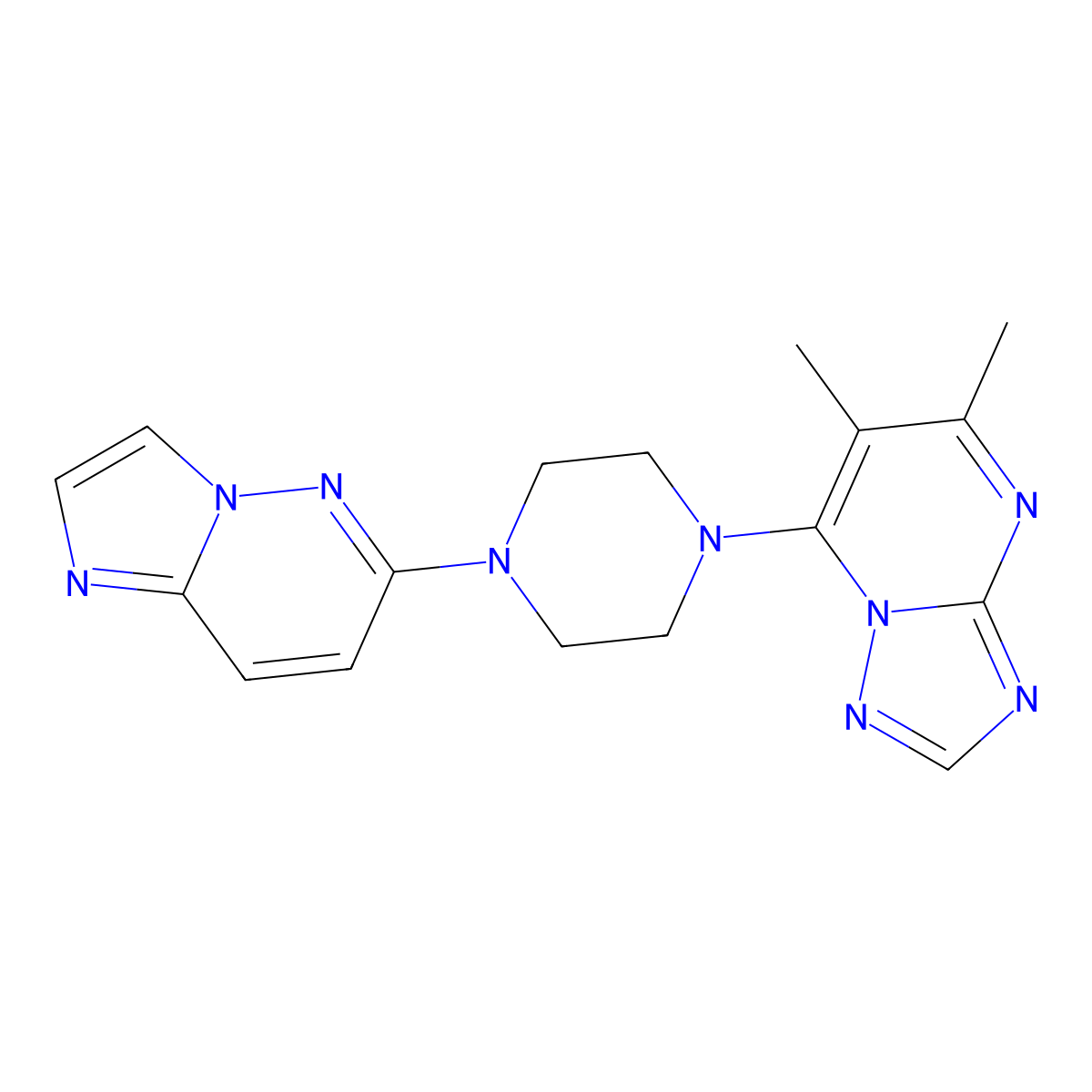 1-{5,6-Dimethyl-[1,2,4]triazolo[1,5-a]pyrimidin-7-yl}-4-{imidazo[1,2-b]pyridazin-6-yl}piperazine molecular structure, CAS 2741940-76-9