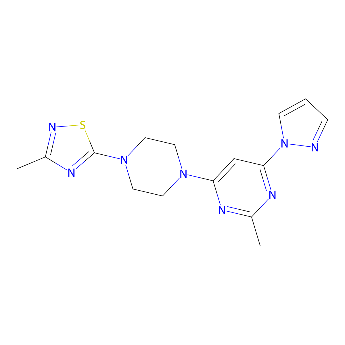 2-methyl-4-[4-(3-methyl-1,2,4-thiadiazol-5-yl)piperazin-1-yl]-6-(1H-pyrazol-1-yl)pyrimidine molecular structure, CAS 2741940-79-2
