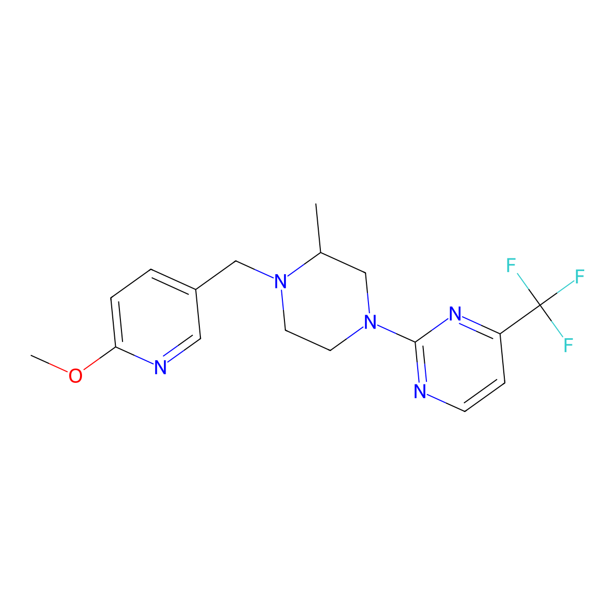 2-{4-[(6-Methoxypyridin-3-yl)methyl]-3-methylpiperazin-1-yl}-4-(trifluoromethyl)pyrimidine molecular structure, CAS 2741940-94-1