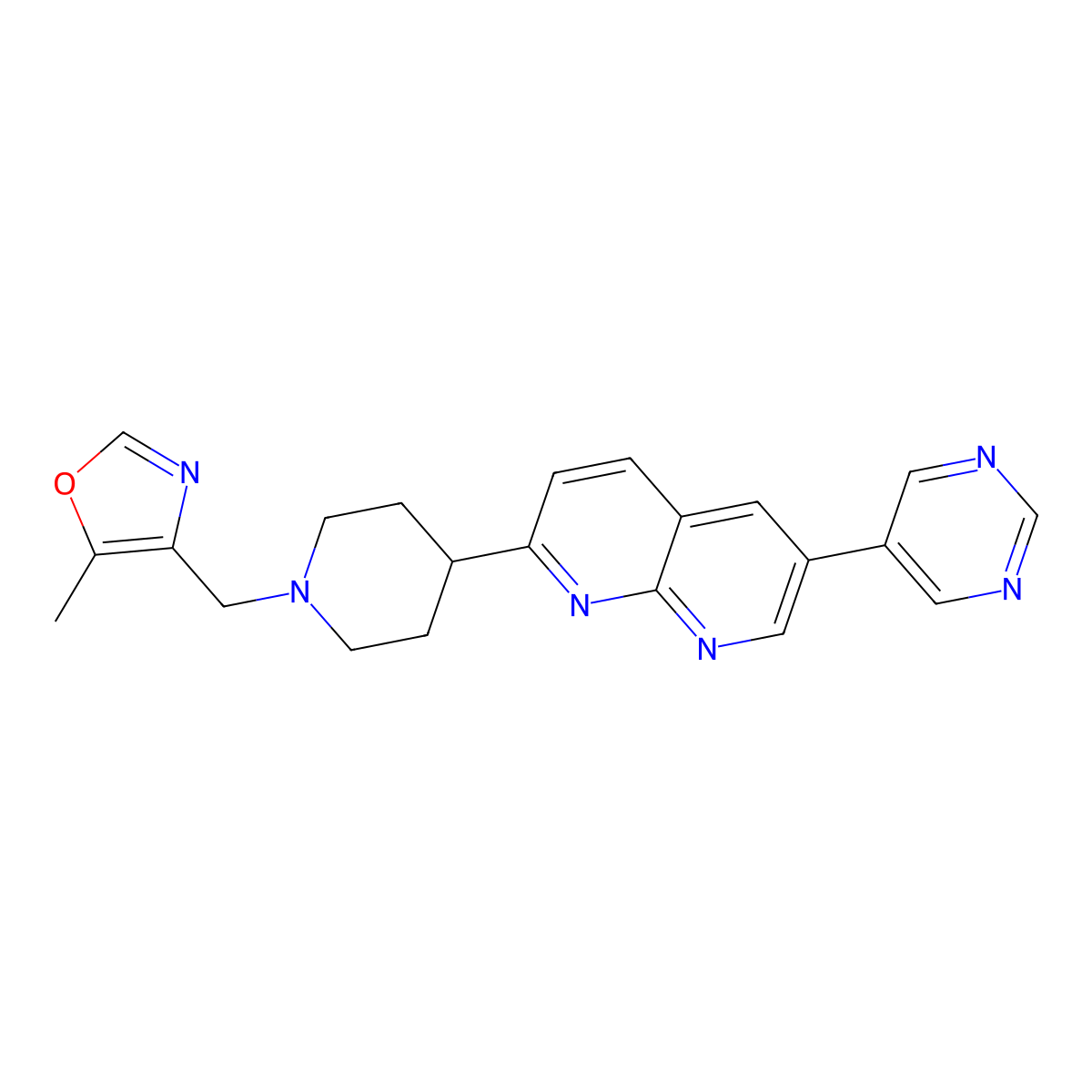 2-{1-[(5-Methyl-1,3-oxazol-4-yl)methyl]piperidin-4-yl}-6-(pyrimidin-5-yl)-1,8-naphthyridine molecular structure, CAS 2741940-98-5