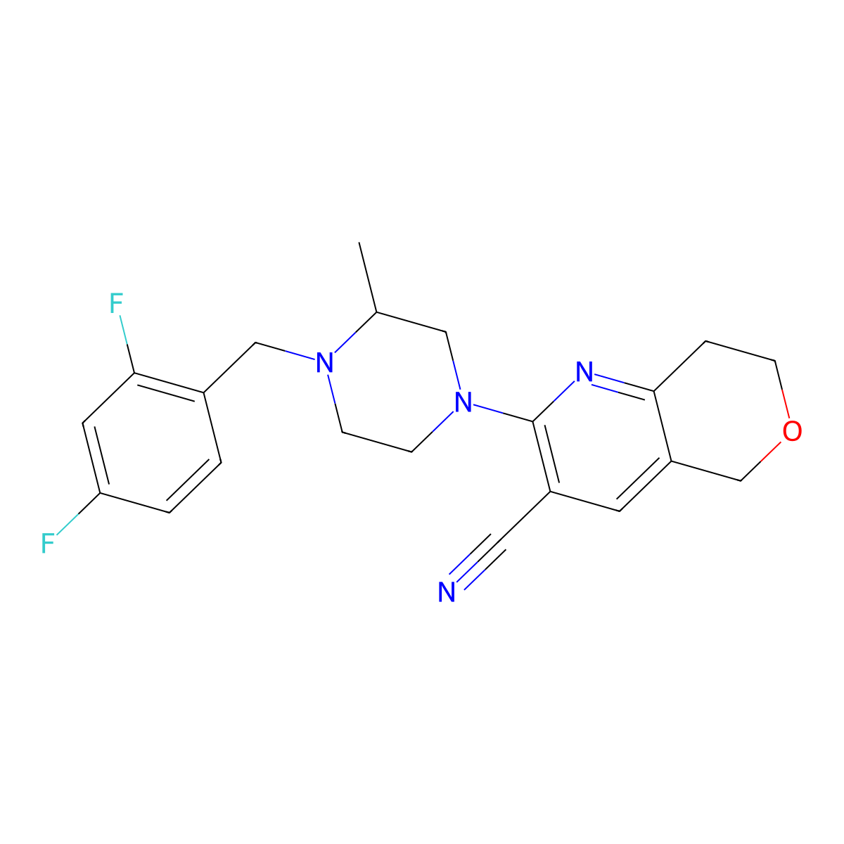 2-{4-[(2,4-difluorophenyl)methyl]-3-methylpiperazin-1-yl}-5H,7H,8H-pyrano[4,3-b]pyridine-3-carbonitrile molecular structure, CAS 2741941-03-5