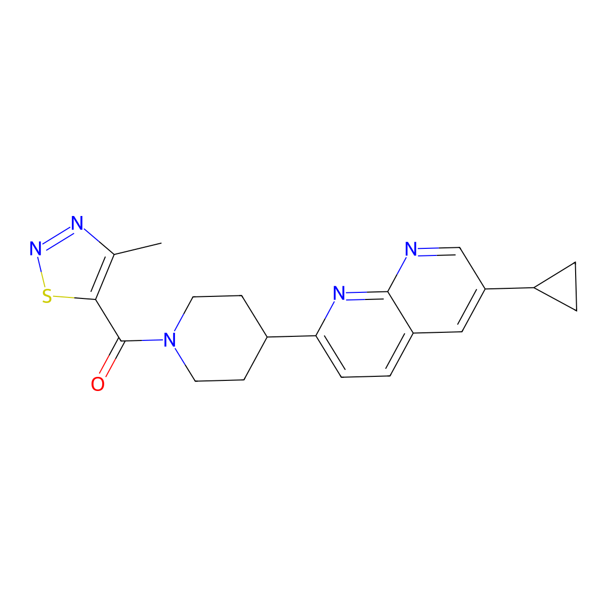 6-Cyclopropyl-2-[1-(4-methyl-1,2,3-thiadiazole-5-carbonyl)piperidin-4-yl]-1,8-naphthyridine molecular structure, CAS 2741941-12-6