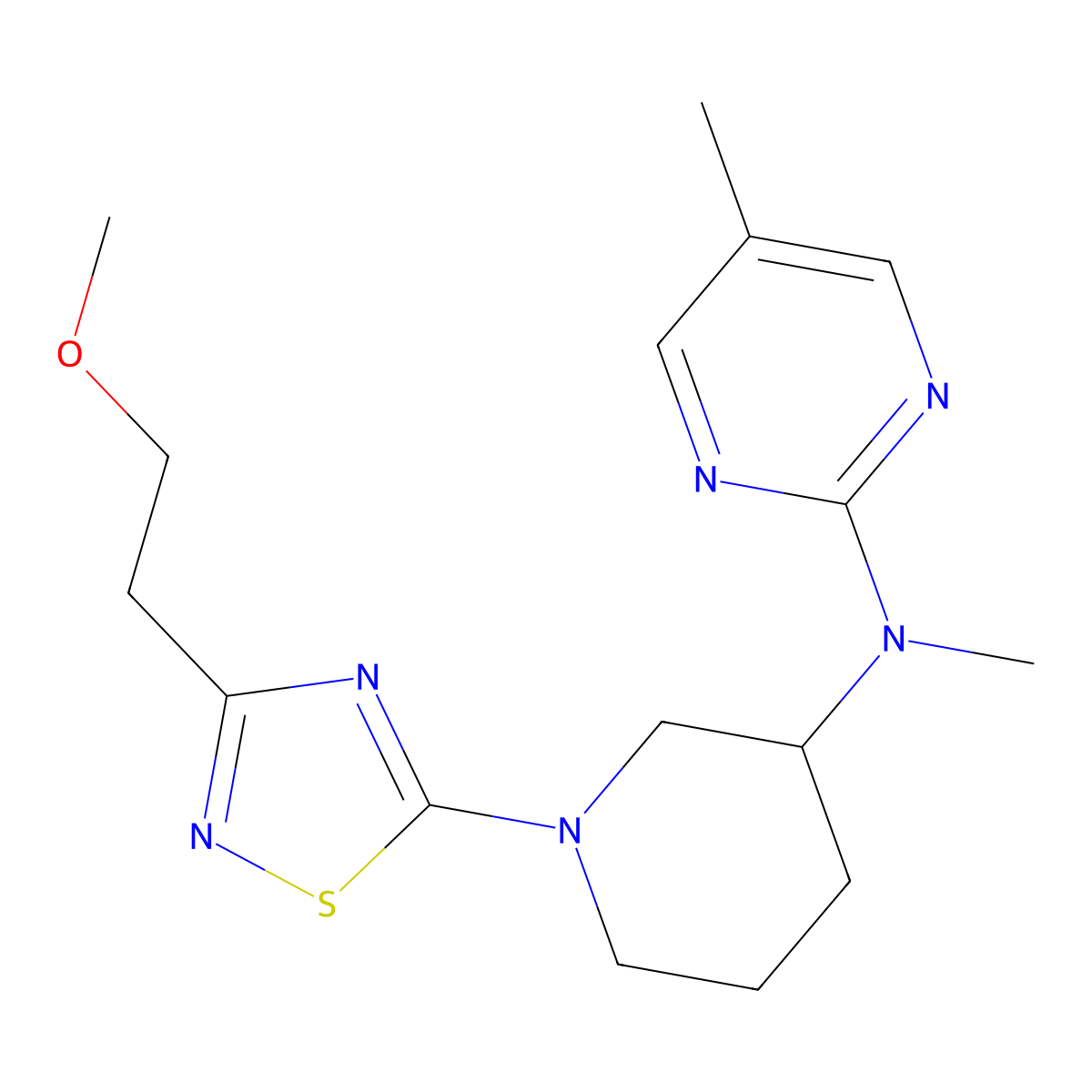 N-{1-[3-(2-methoxyethyl)-1,2,4-thiadiazol-5-yl]piperidin-3-yl}-N,5-dimethylpyrimidin-2-amine molecular structure, CAS 2741941-15-9