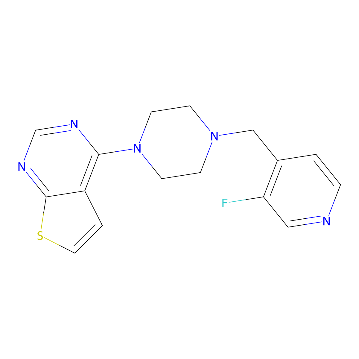 1-[(3-Fluoropyridin-4-yl)methyl]-4-{thieno[2,3-d]pyrimidin-4-yl}piperazine molecular structure, CAS 2741941-16-0
