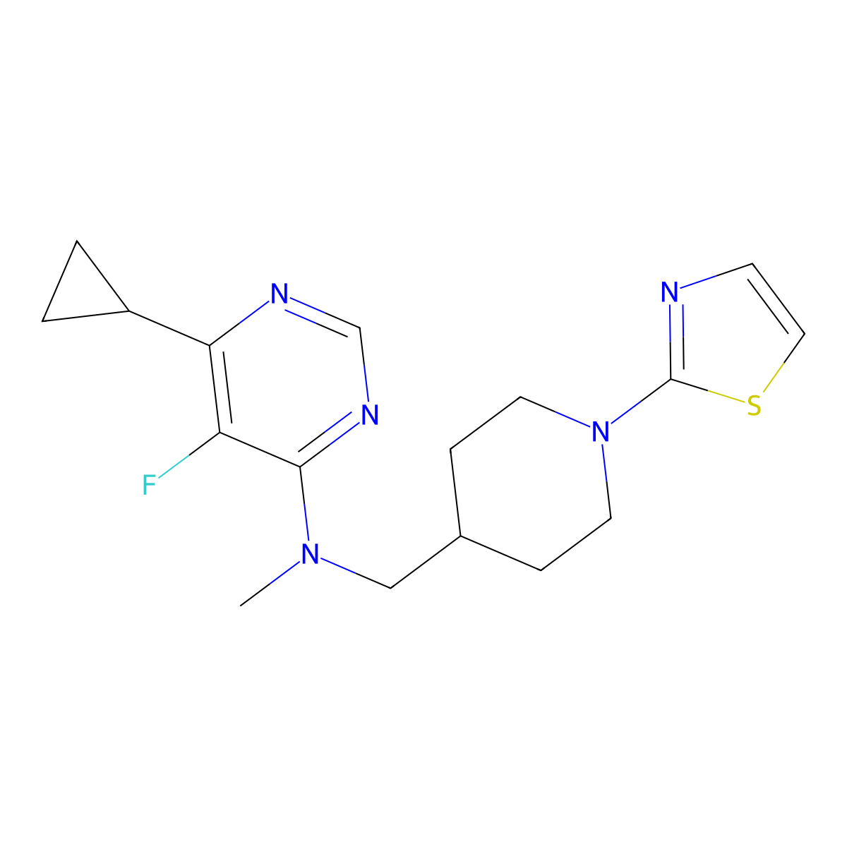 6-cyclopropyl-5-fluoro-N-methyl-N-{[1-(1,3-thiazol-2-yl)piperidin-4-yl]methyl}pyrimidin-4-amine molecular structure, CAS 2741941-22-8