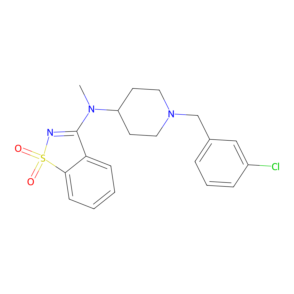 3-({1-[(3-Chlorophenyl)methyl]piperidin-4-yl}(methyl)amino)-1,2-benzothiazole-1,1-dione molecular structure, CAS 2741941-27-3