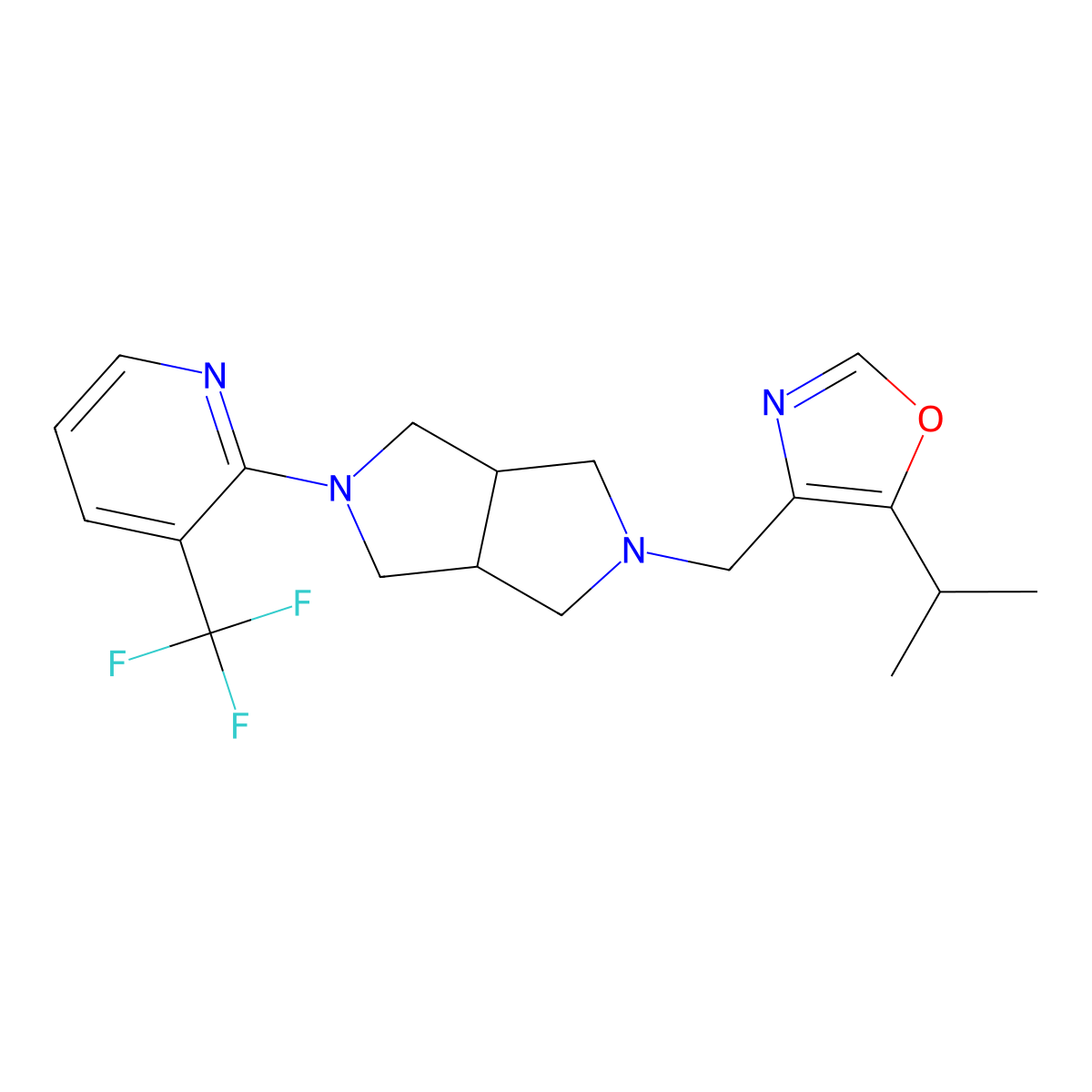 2-(5-{[5-(Propan-2-yl)-1,3-oxazol-4-yl]methyl}-octahydropyrrolo[3,4-c]pyrrol-2-yl)-3-(trifluoromethyl)pyridine molecular structure, CAS 2741941-29-5