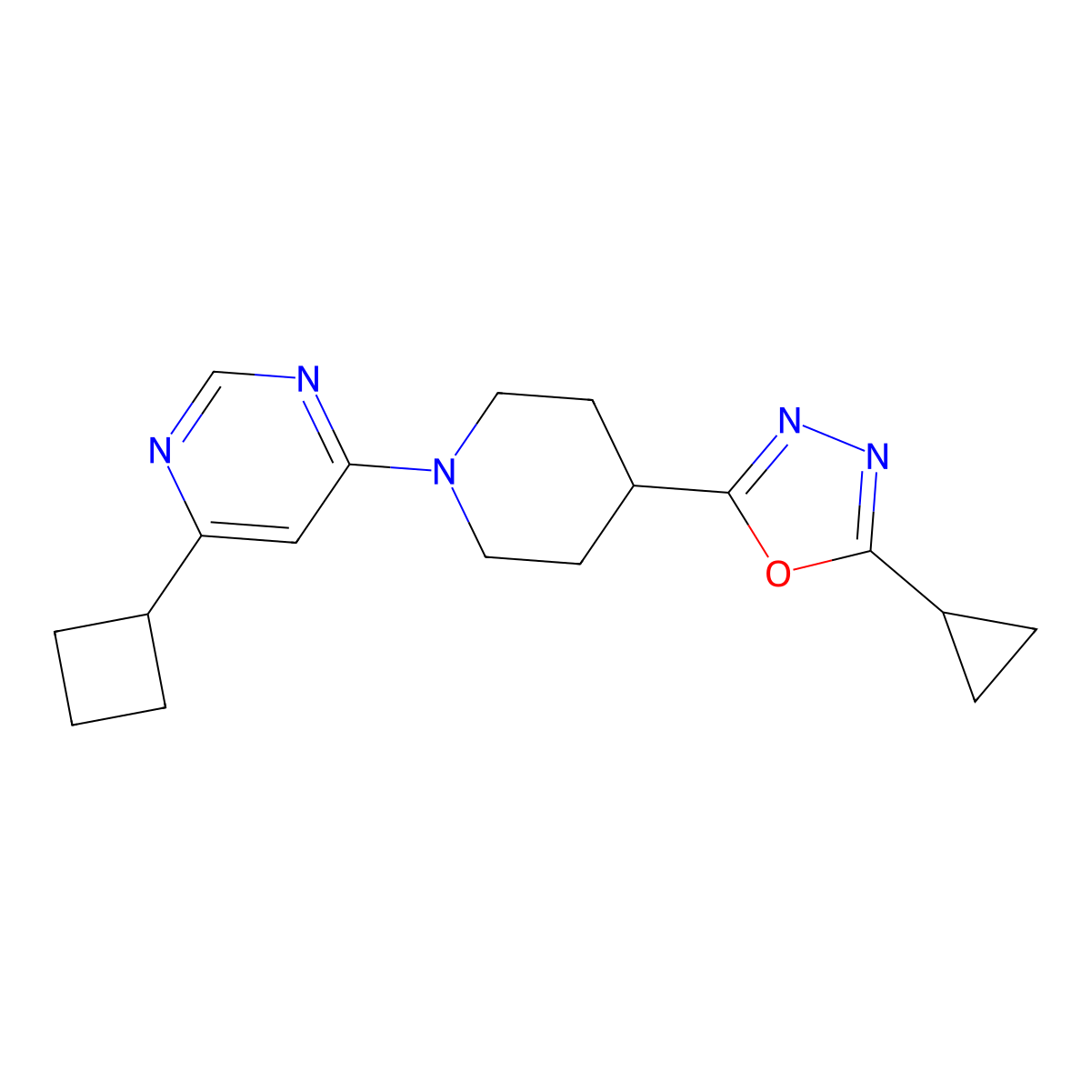 4-Cyclobutyl-6-[4-(5-cyclopropyl-1,3,4-oxadiazol-2-yl)piperidin-1-yl]pyrimidine molecular structure, CAS 2741941-31-9