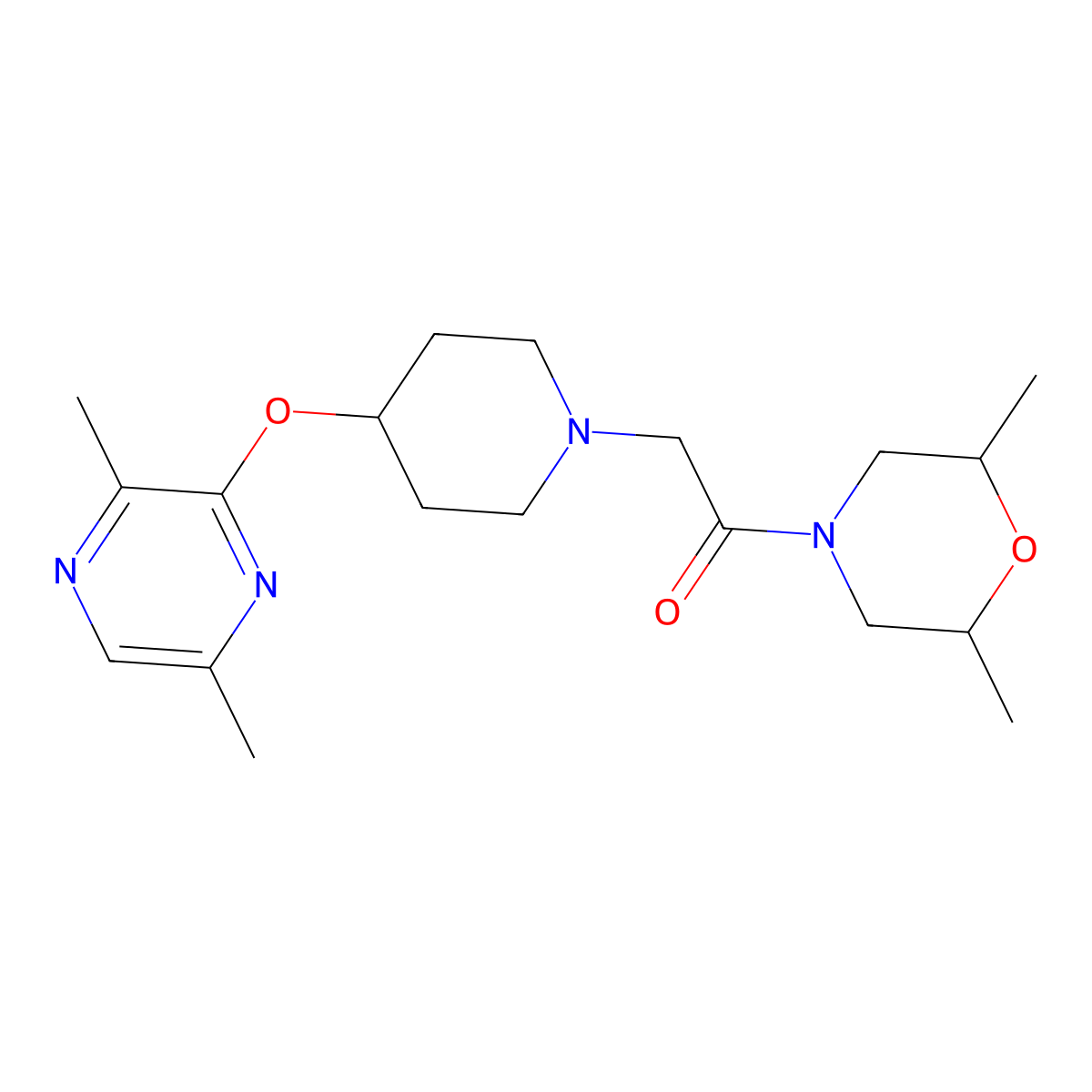1-(2,6-Dimethylmorpholin-4-yl)-2-{4-[(3,6-dimethylpyrazin-2-yl)oxy]piperidin-1-yl}ethan-1-one molecular structure, CAS 2741941-47-7