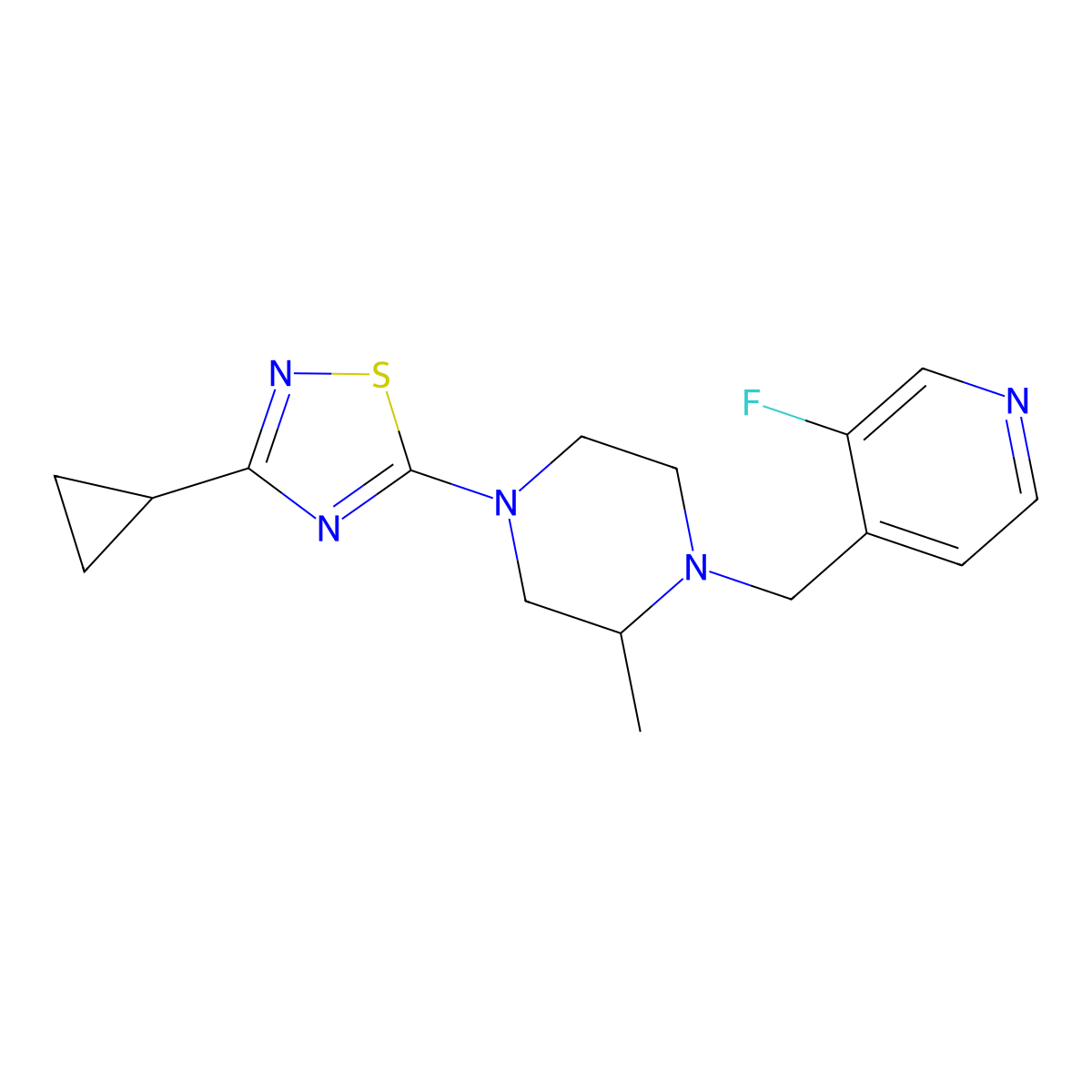 4-(3-Cyclopropyl-1,2,4-thiadiazol-5-yl)-1-[(3-fluoropyridin-4-yl)methyl]-2-methylpiperazine molecular structure, CAS 2741941-51-3