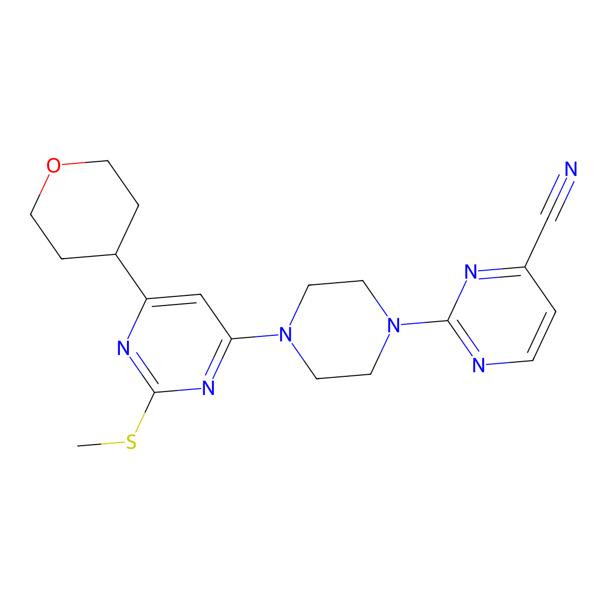 2-{4-[2-(Methylsulfanyl)-6-(oxan-4-yl)pyrimidin-4-yl]piperazin-1-yl}pyrimidine-4-carbonitrile molecular structure, CAS 2741941-54-6