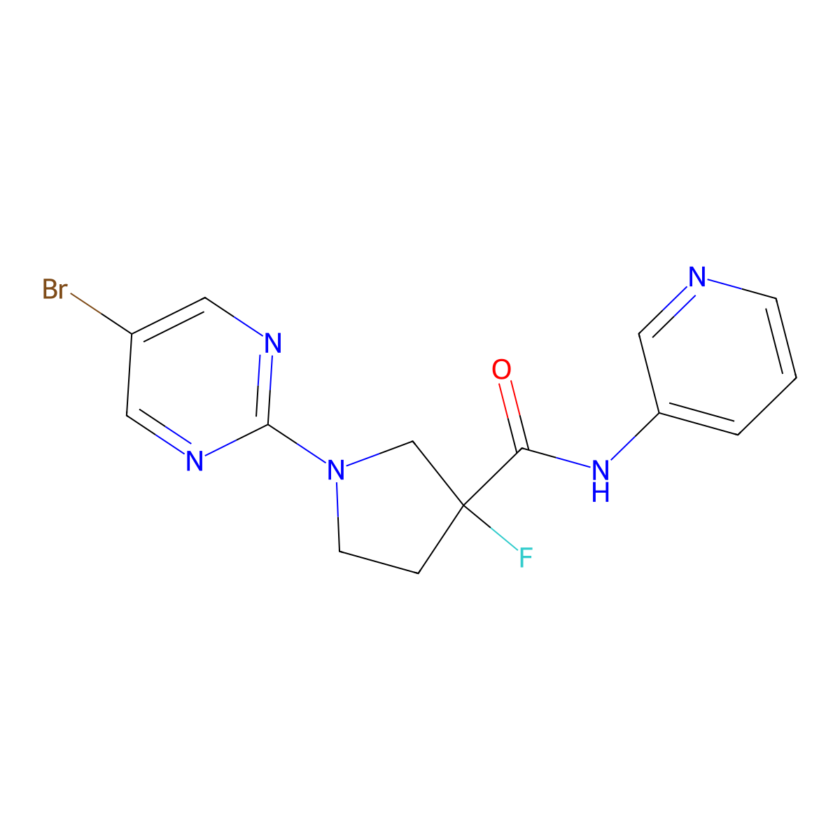 1-(5-bromopyrimidin-2-yl)-3-fluoro-N-(pyridin-3-yl)pyrrolidine-3-carboxamide molecular structure, CAS 2741941-57-9