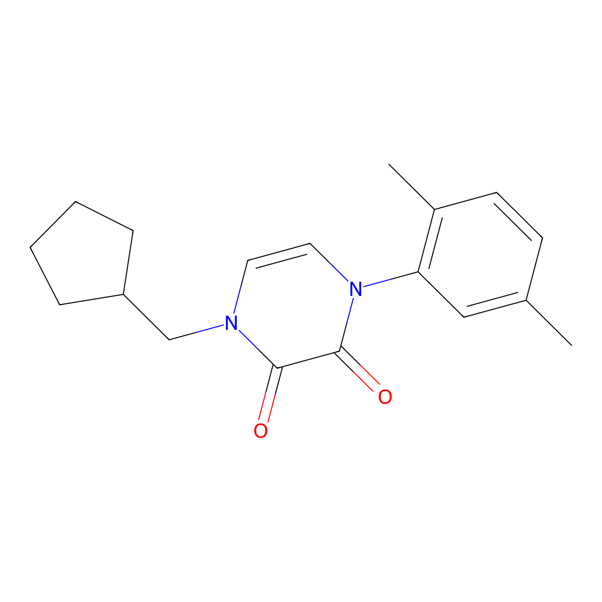 1-(Cyclopentylmethyl)-4-(2,5-dimethylphenyl)-1,2,3,4-tetrahydropyrazine-2,3-dione molecular structure, CAS 2741941-64-8