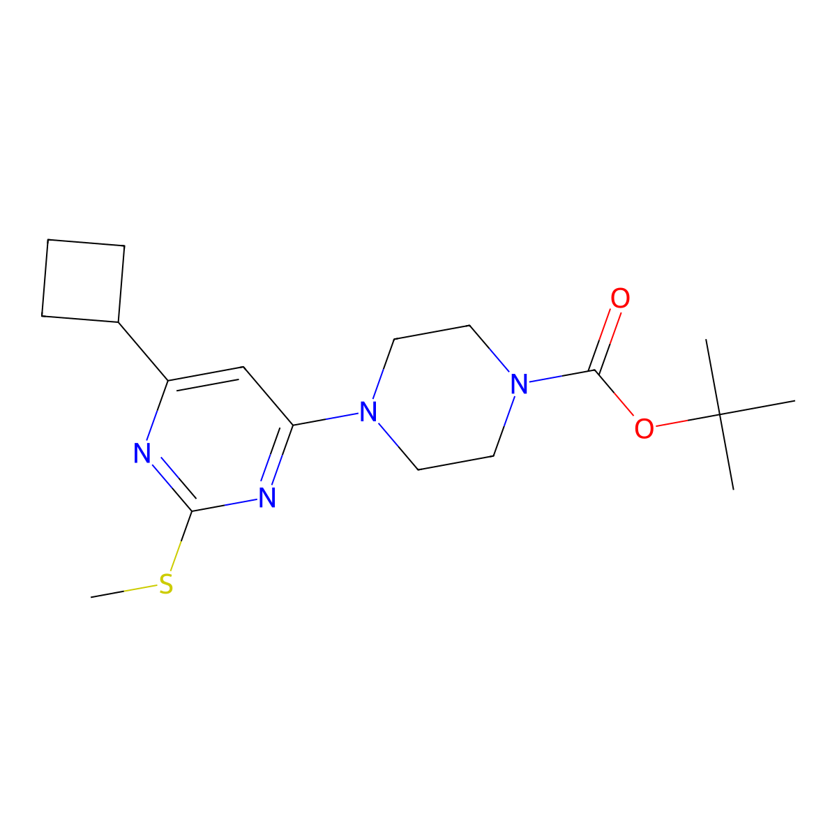 Tert-butyl 4-[6-cyclobutyl-2-(methylsulfanyl)pyrimidin-4-yl]piperazine-1-carboxylate molecular structure, CAS 2741941-67-1