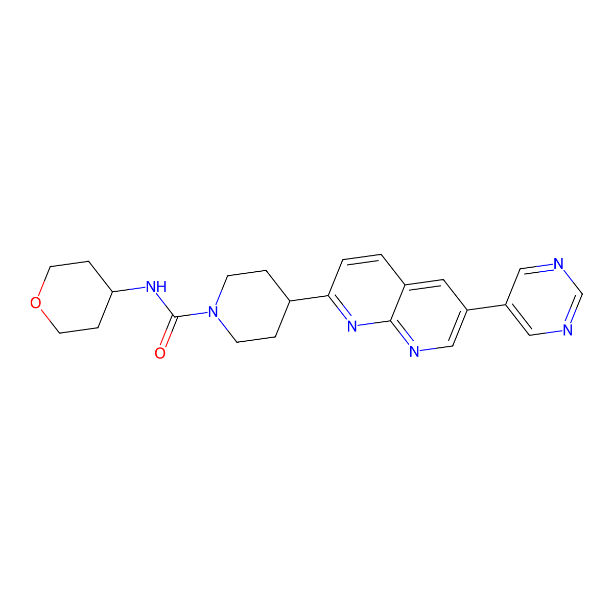 N-(oxan-4-yl)-4-[6-(pyrimidin-5-yl)-1,8-naphthyridin-2-yl]piperidine-1-carboxamide molecular structure, CAS 2741941-71-7