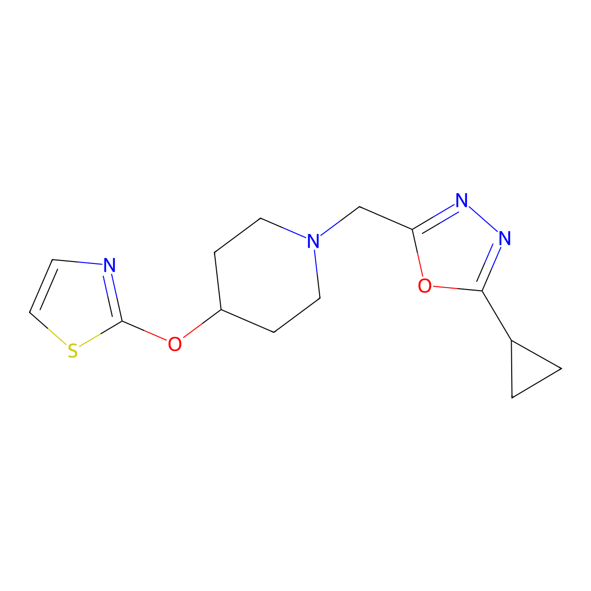 1-[(5-Cyclopropyl-1,3,4-oxadiazol-2-yl)methyl]-4-(1,3-thiazol-2-yloxy)piperidine molecular structure, CAS 2741941-82-0