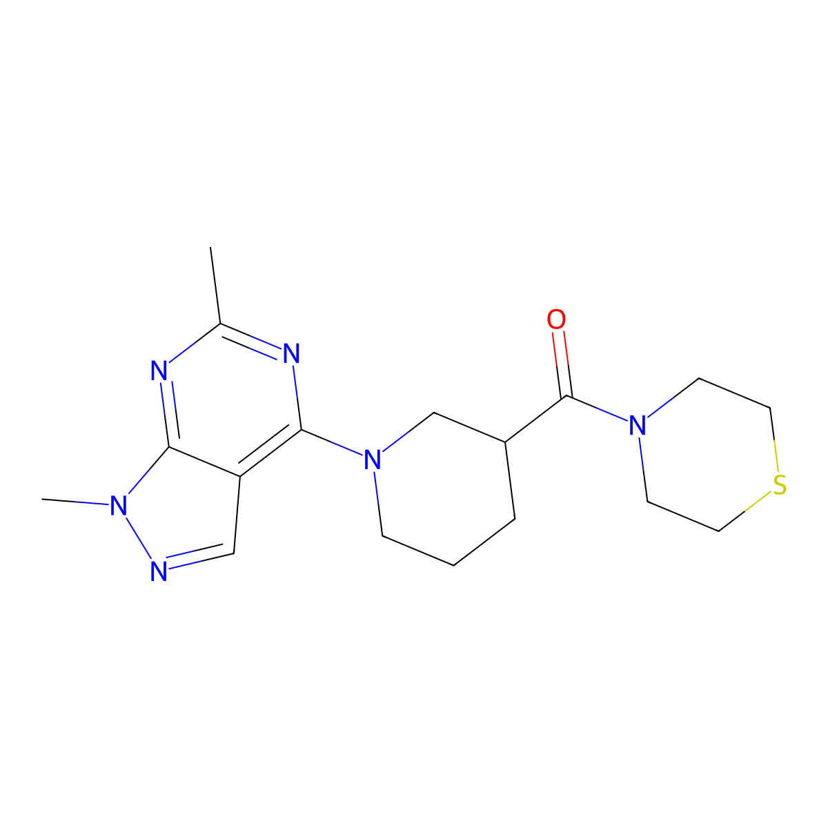 4-(1-{1,6-dimethyl-1H-pyrazolo[3,4-d]pyrimidin-4-yl}piperidine-3-carbonyl)thiomorpholine molecular structure, CAS 2741941-91-1