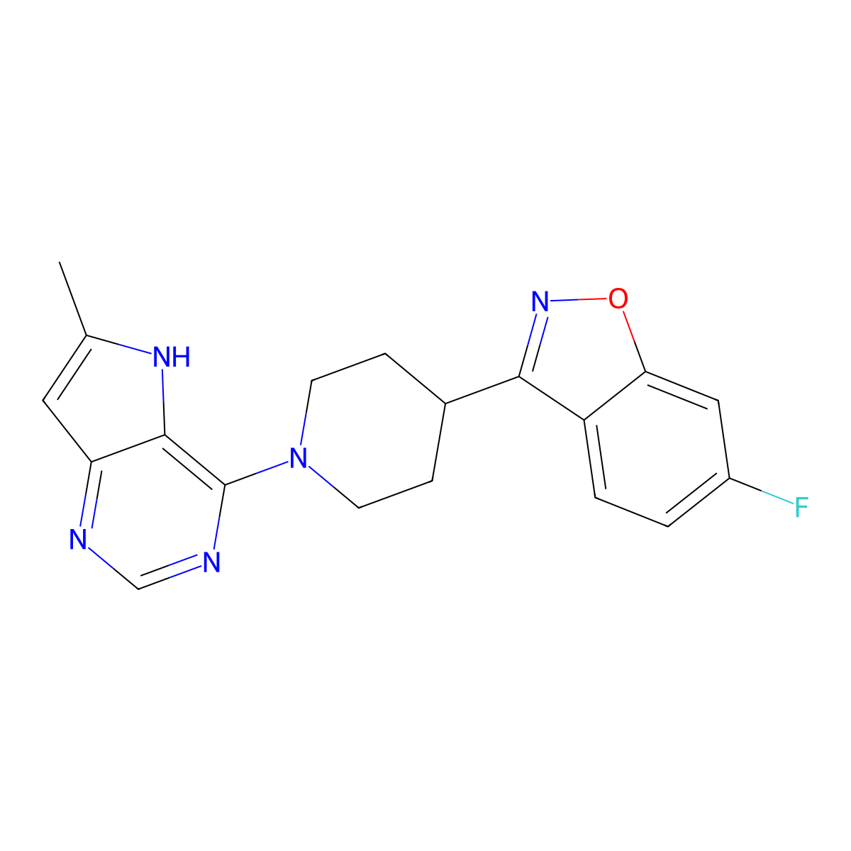 6-fluoro-3-(1-{6-methyl-5H-pyrrolo[3,2-d]pyrimidin-4-yl}piperidin-4-yl)-1,2-benzoxazole molecular structure, CAS 2741942-04-9