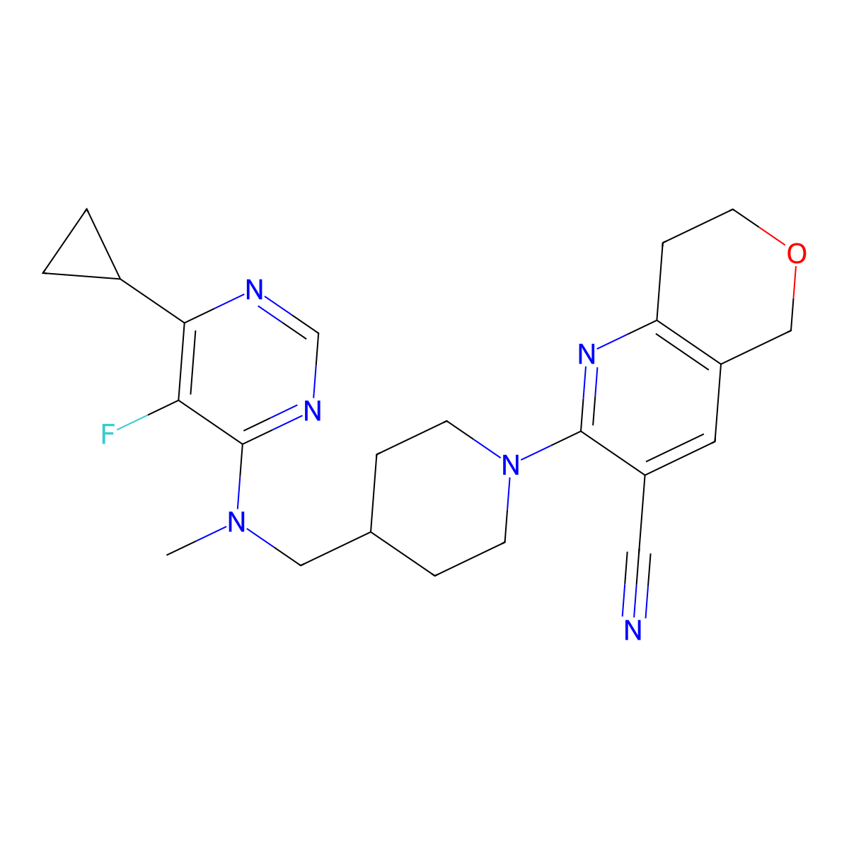 2-(4-{[(6-cyclopropyl-5-fluoropyrimidin-4-yl)(methyl)amino]methyl}piperidin-1-yl)-5H,7H,8H-pyrano[4,3-b]pyridine-3-carbonitrile molecular structure, CAS 2741942-09-4