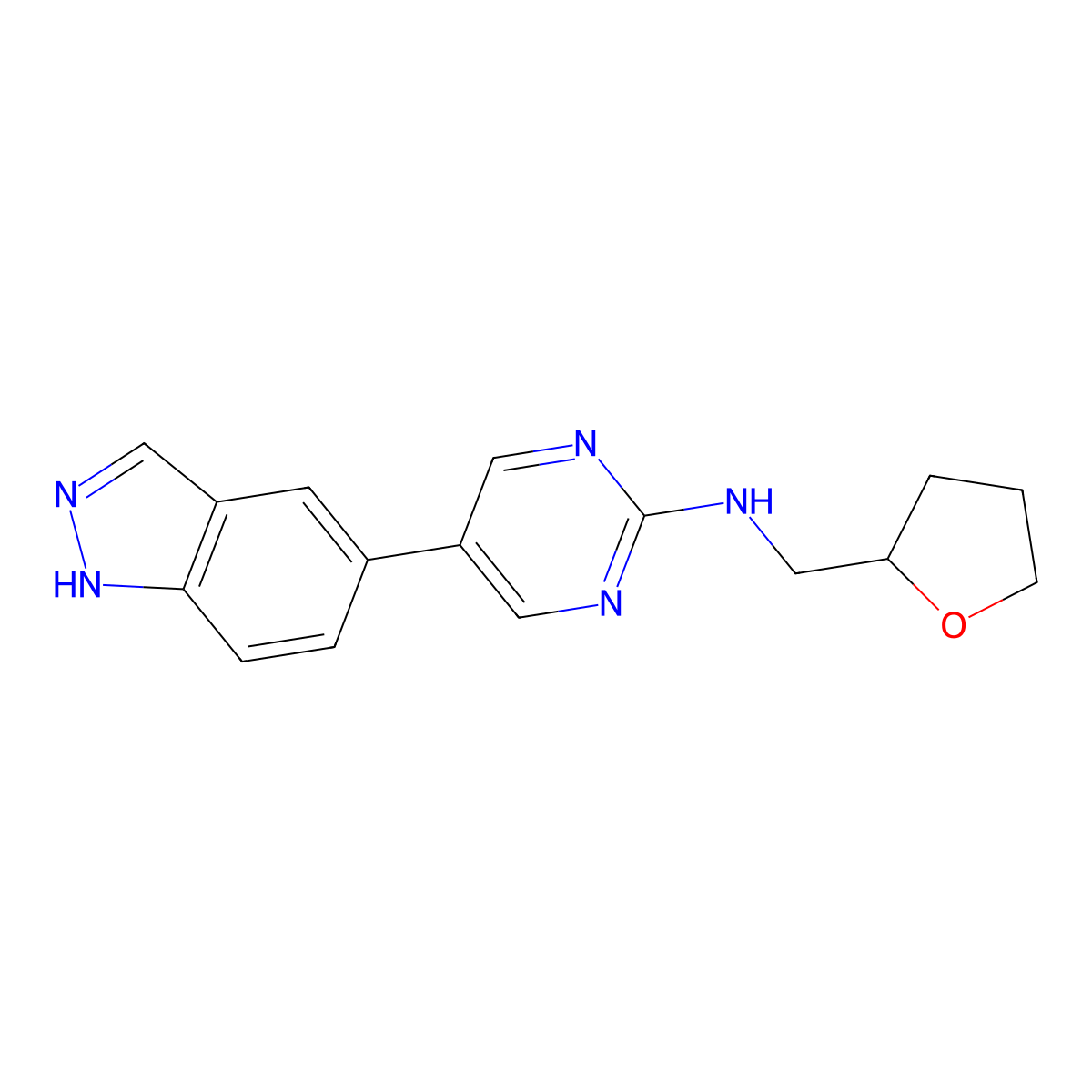 5-(1H-indazol-5-yl)-N-[(oxolan-2-yl)methyl]pyrimidin-2-amine molecular structure, CAS 2741942-23-2