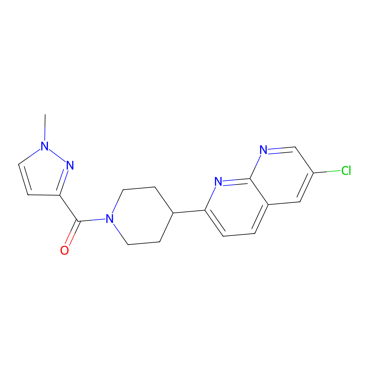 6-chloro-2-[1-(1-methyl-1H-pyrazole-3-carbonyl)piperidin-4-yl]-1,8-naphthyridine molecular structure, CAS 2741942-24-3