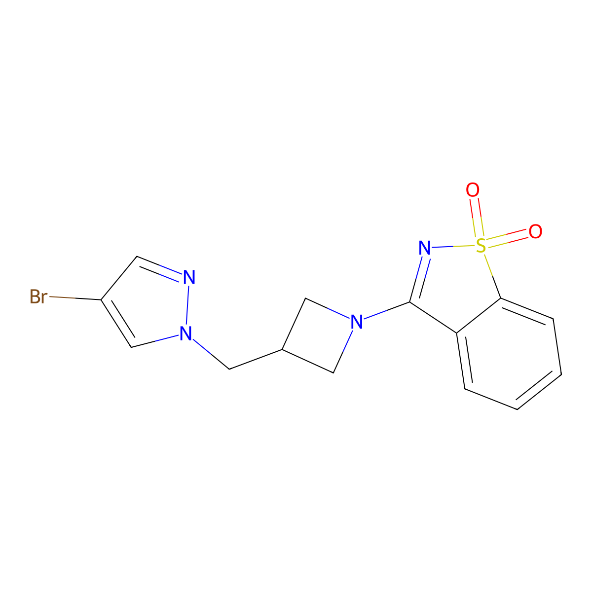 3-[3-[(4-Bromopyrazol-1-yl)methyl]azetidin-1-yl]-1,2-benzothiazole 1,1-dioxide molecular structure, CAS 2741942-31-2
