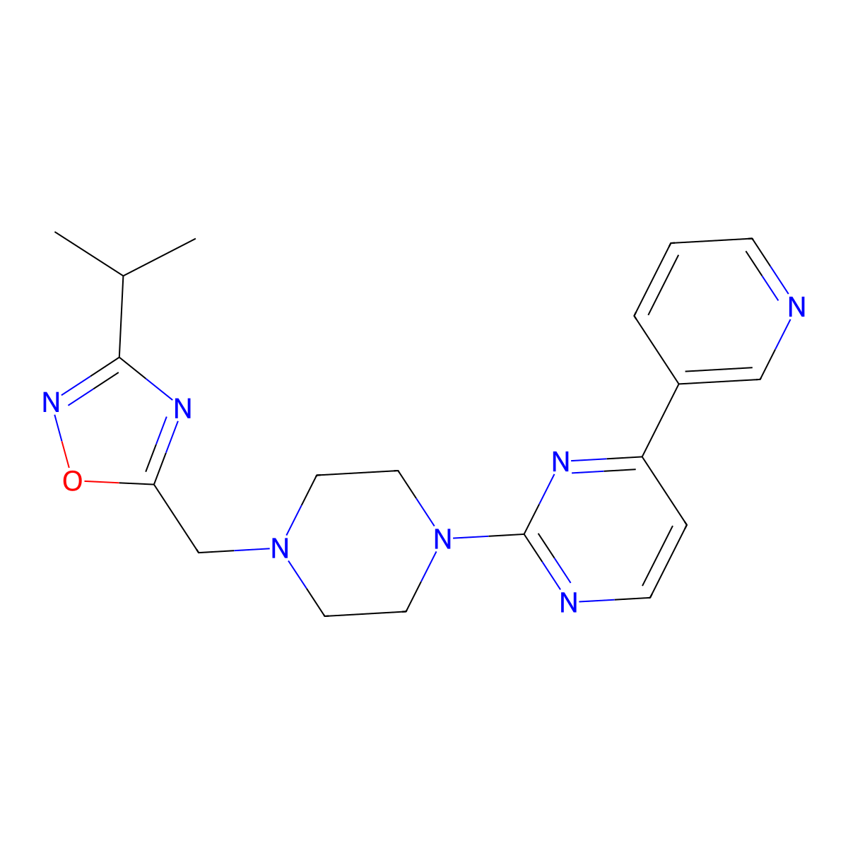 2-(4-{[3-(Propan-2-yl)-1,2,4-oxadiazol-5-yl]methyl}piperazin-1-yl)-4-(pyridin-3-yl)pyrimidine molecular structure, CAS 2741942-39-0