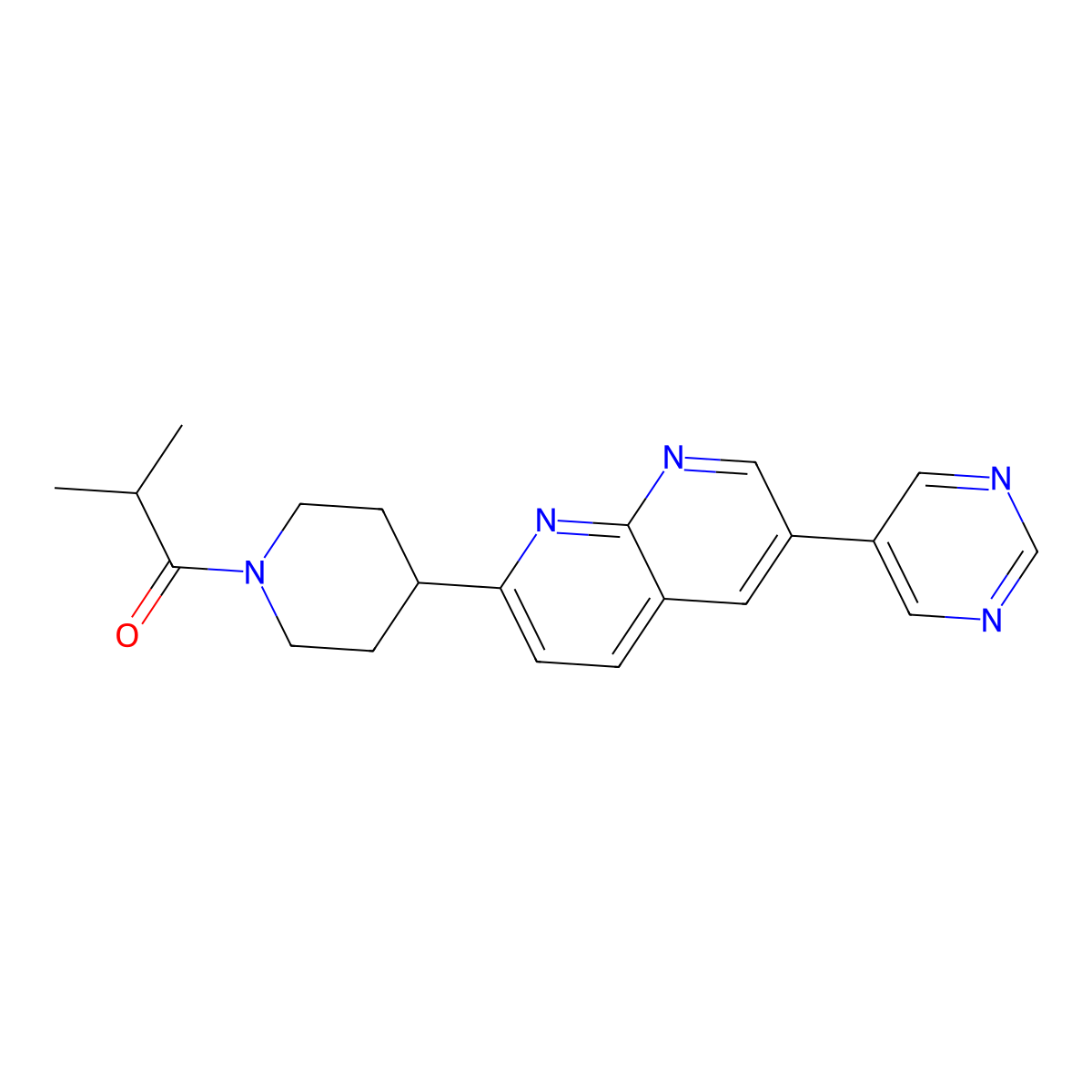 2-Methyl-1-{4-[6-(pyrimidin-5-yl)-1,8-naphthyridin-2-yl]piperidin-1-yl}propan-1-one molecular structure, CAS 2741942-41-4