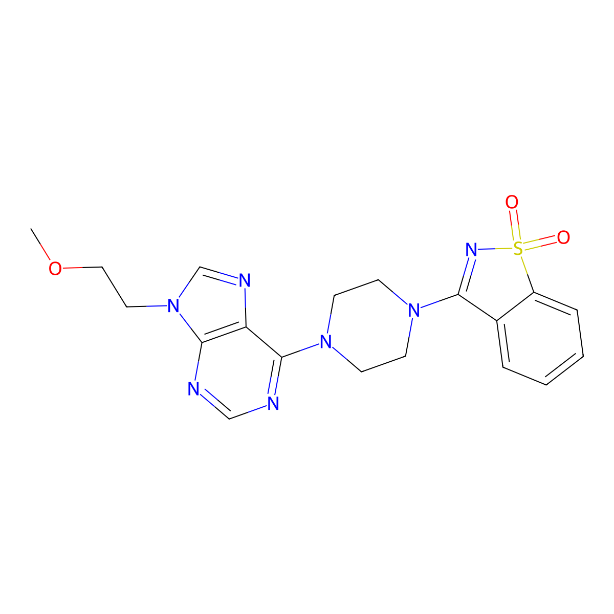3-[4-[9-(2-Methoxyethyl)purin-6-yl]piperazin-1-yl]-1,2-benzothiazole 1,1-dioxide molecular structure, CAS 2741942-46-9