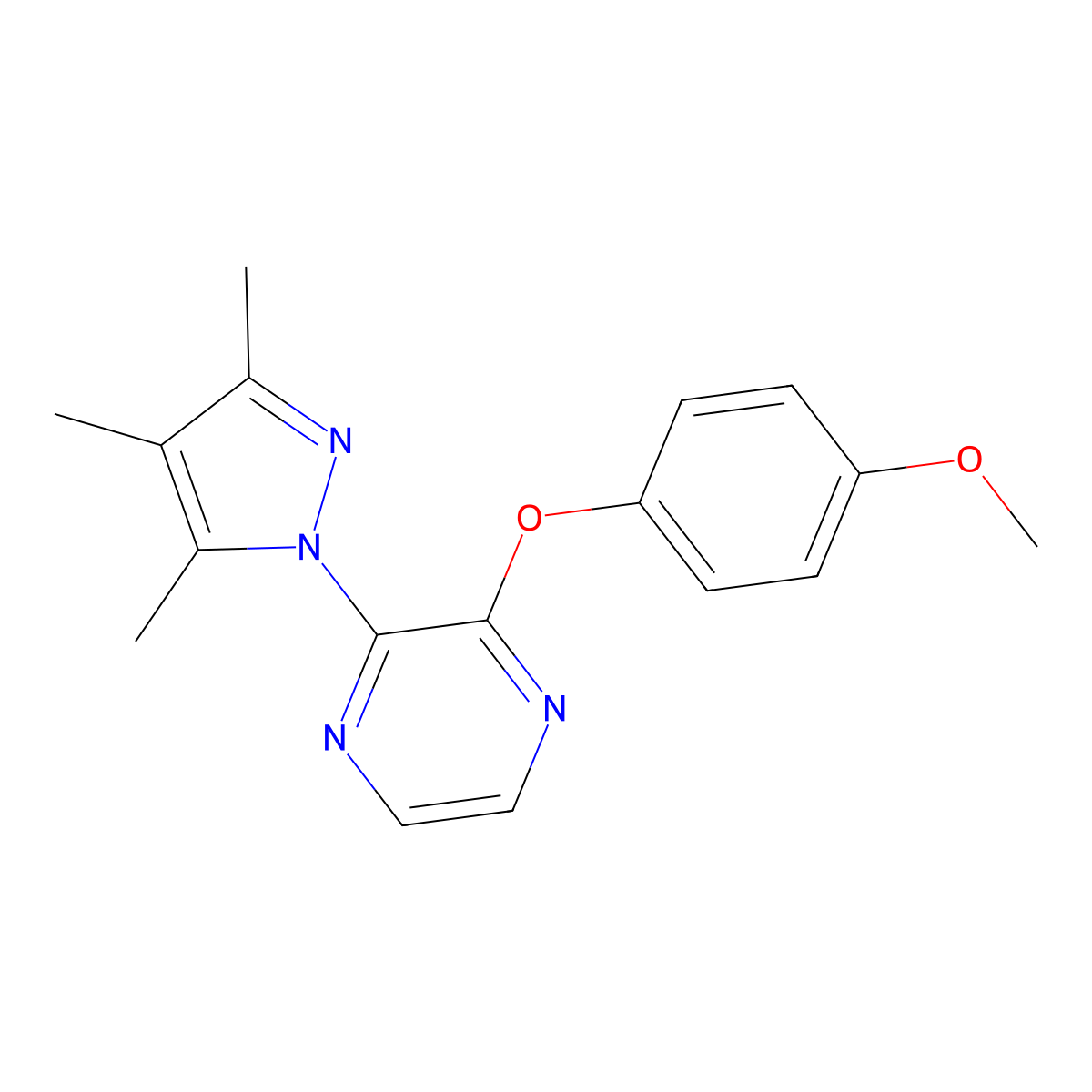 2-(4-methoxyphenoxy)-3-(3,4,5-trimethyl-1H-pyrazol-1-yl)pyrazine molecular structure, CAS 2741942-51-6