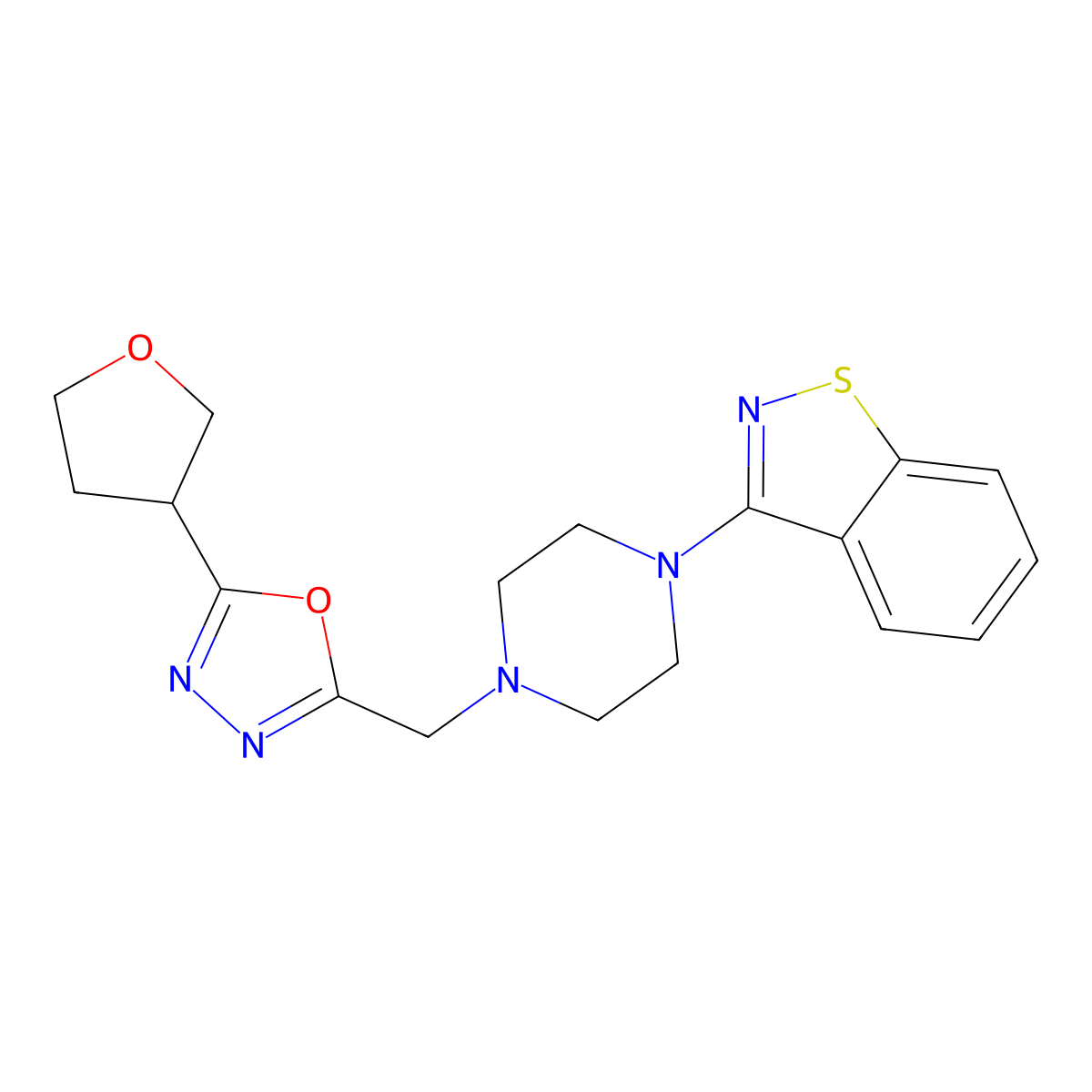 3-(4-{[5-(Oxolan-3-yl)-1,3,4-oxadiazol-2-yl]methyl}piperazin-1-yl)-1,2-benzothiazole molecular structure, CAS 2741942-58-3