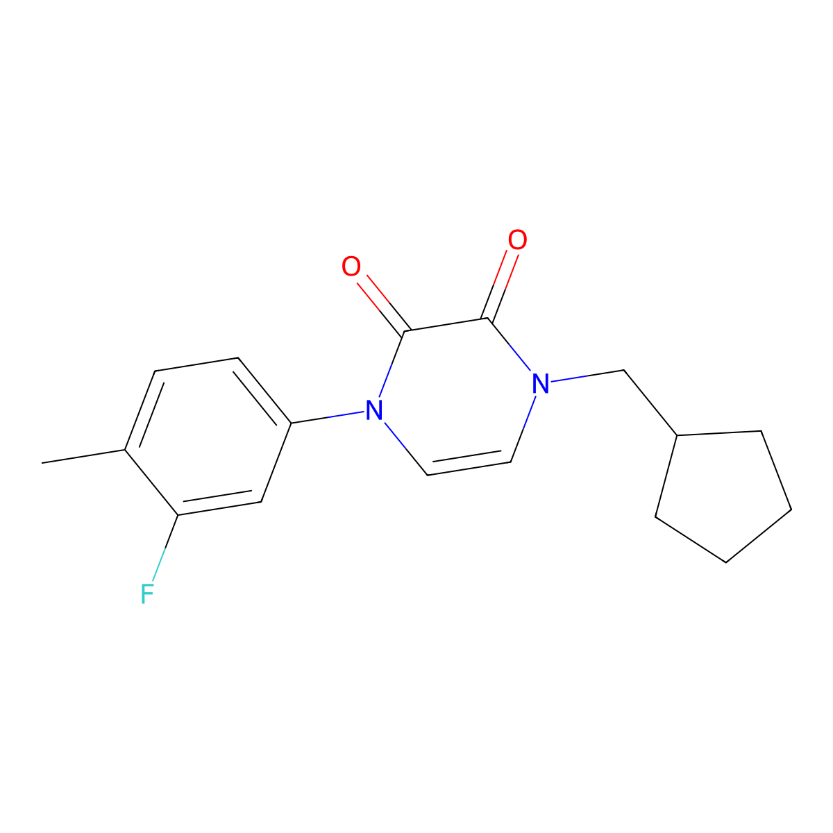 1-(Cyclopentylmethyl)-4-(3-fluoro-4-methylphenyl)-1,2,3,4-tetrahydropyrazine-2,3-dione molecular structure, CAS 2741942-71-0