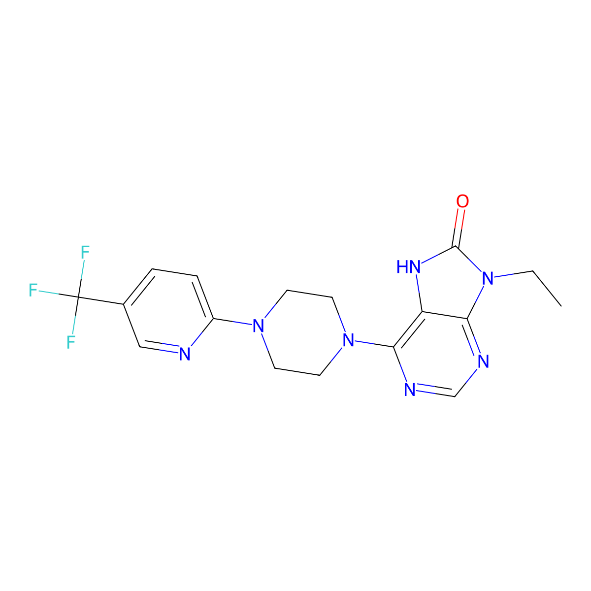 9-ethyl-6-{4-[5-(trifluoromethyl)pyridin-2-yl]piperazin-1-yl}-8,9-dihydro-7H-purin-8-one molecular structure, CAS 2741942-74-3