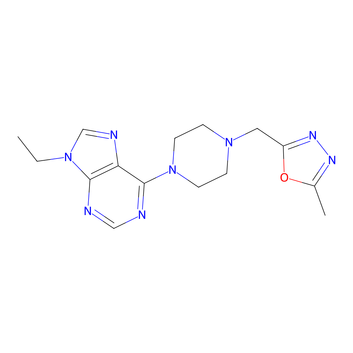 9-ethyl-6-{4-[(5-methyl-1,3,4-oxadiazol-2-yl)methyl]piperazin-1-yl}-9H-purine molecular structure, CAS 2741942-78-7