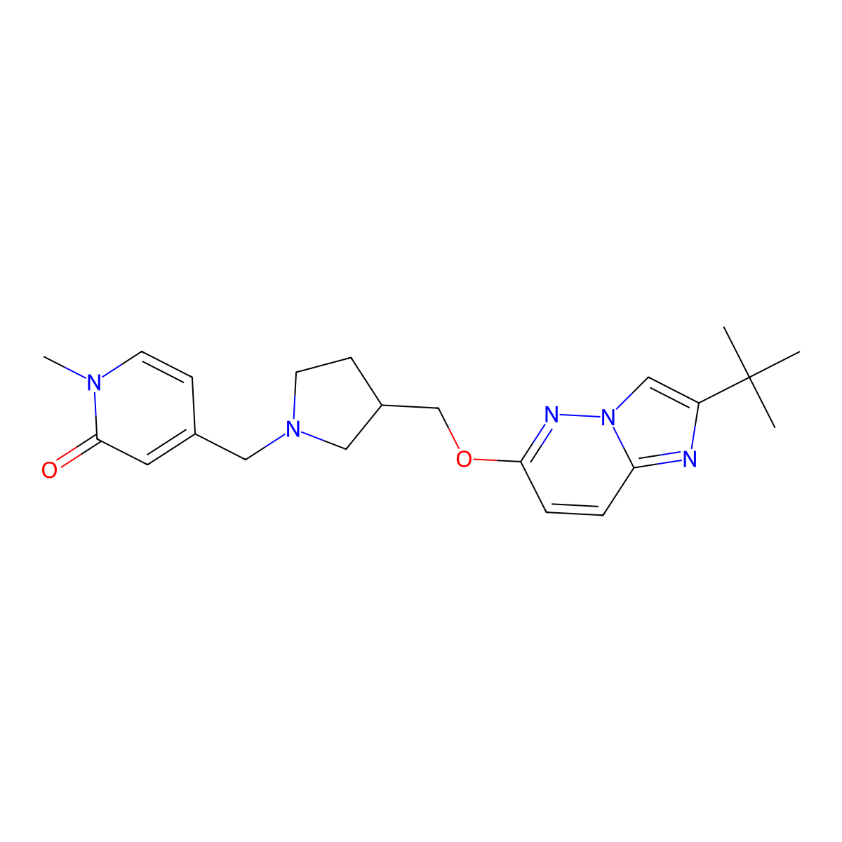 4-({3-[({2-Tert-butylimidazo[1,2-b]pyridazin-6-yl}oxy)methyl]pyrrolidin-1-yl}methyl)-1-methyl-1,2-dihydropyridin-2-one molecular structure, CAS 2741942-80-1