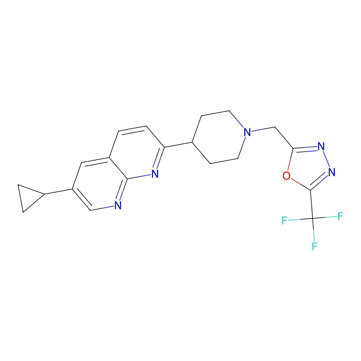 6-Cyclopropyl-2-(1-{[5-(trifluoromethyl)-1,3,4-oxadiazol-2-yl]methyl}piperidin-4-yl)-1,8-naphthyridine molecular structure, CAS 2741942-81-2