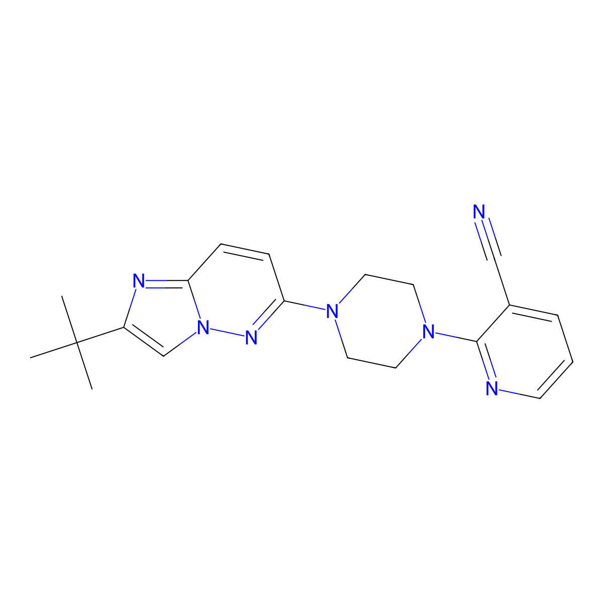 2-(4-{2-Tert-butylimidazo[1,2-b]pyridazin-6-yl}piperazin-1-yl)pyridine-3-carbonitrile molecular structure, CAS 2741942-82-3