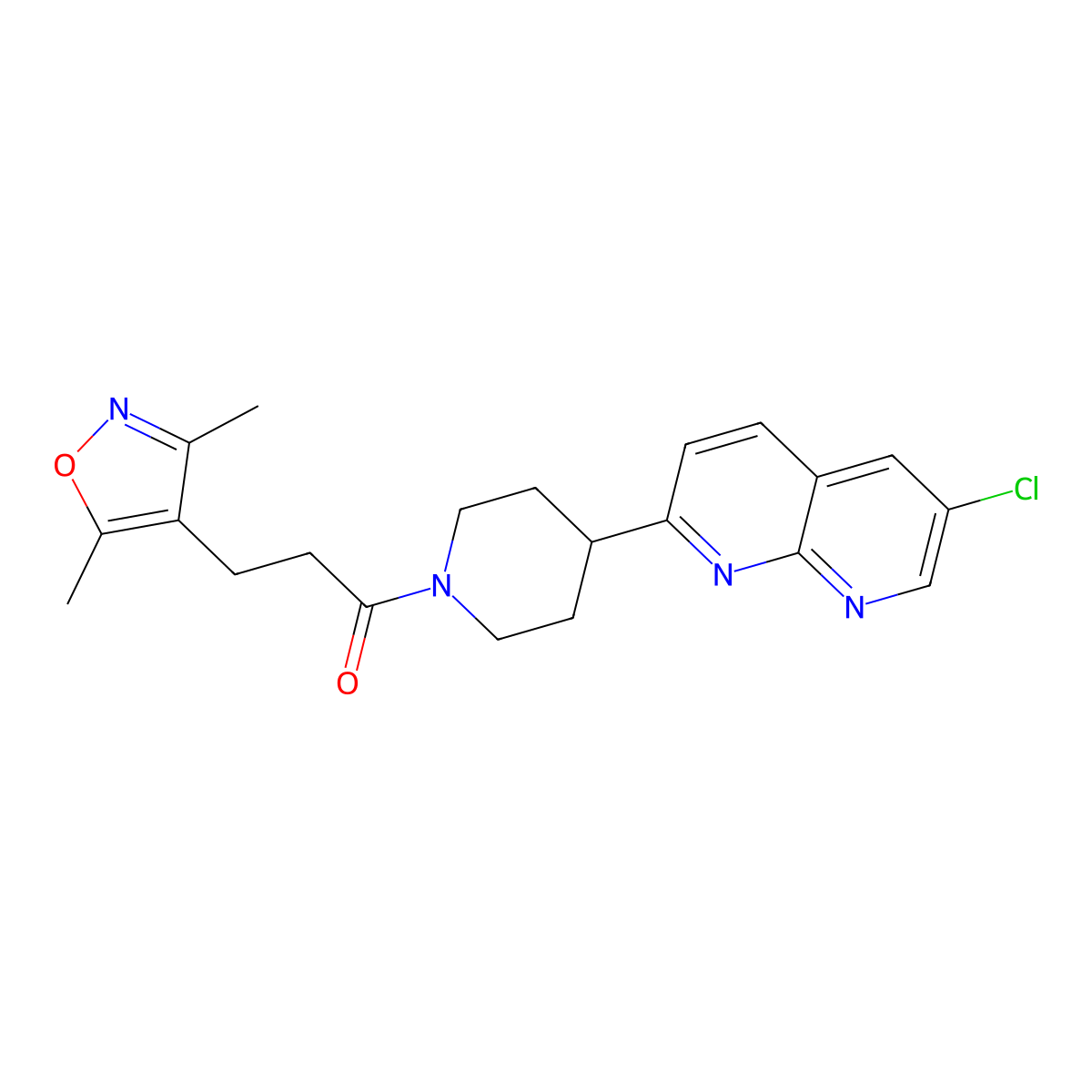 1-[4-(6-Chloro-1,8-naphthyridin-2-yl)piperidin-1-yl]-3-(3,5-dimethyl-1,2-oxazol-4-yl)propan-1-one molecular structure, CAS 2741942-85-6