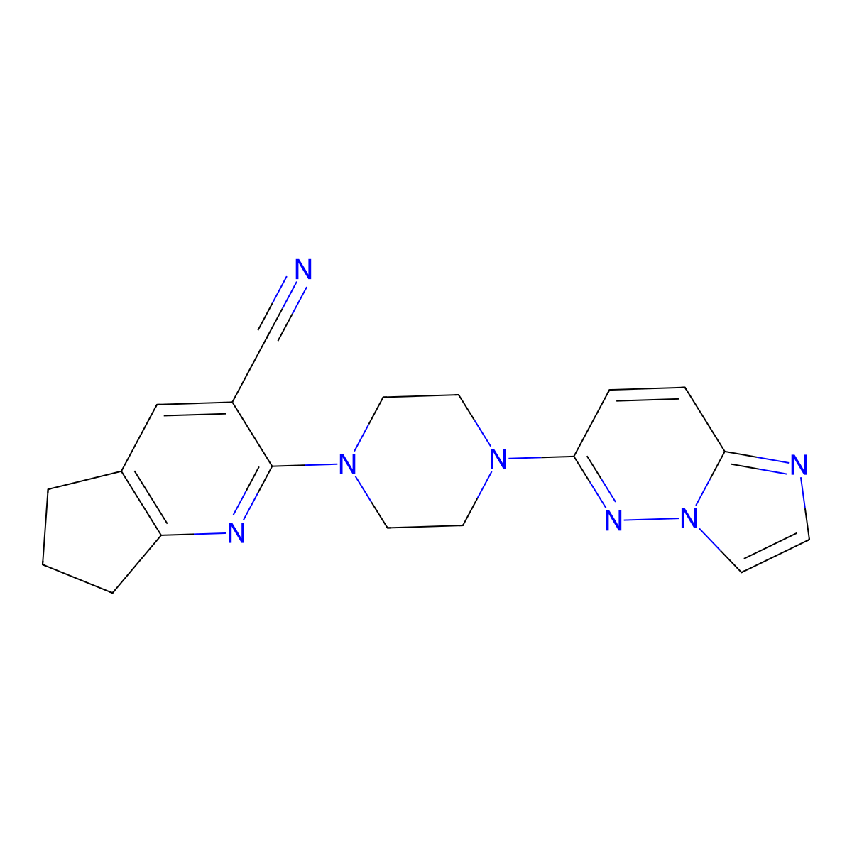 2-(4-{imidazo[1,2-b]pyridazin-6-yl}piperazin-1-yl)-5H,6H,7H-cyclopenta[b]pyridine-3-carbonitrile molecular structure, CAS 2741942-91-4