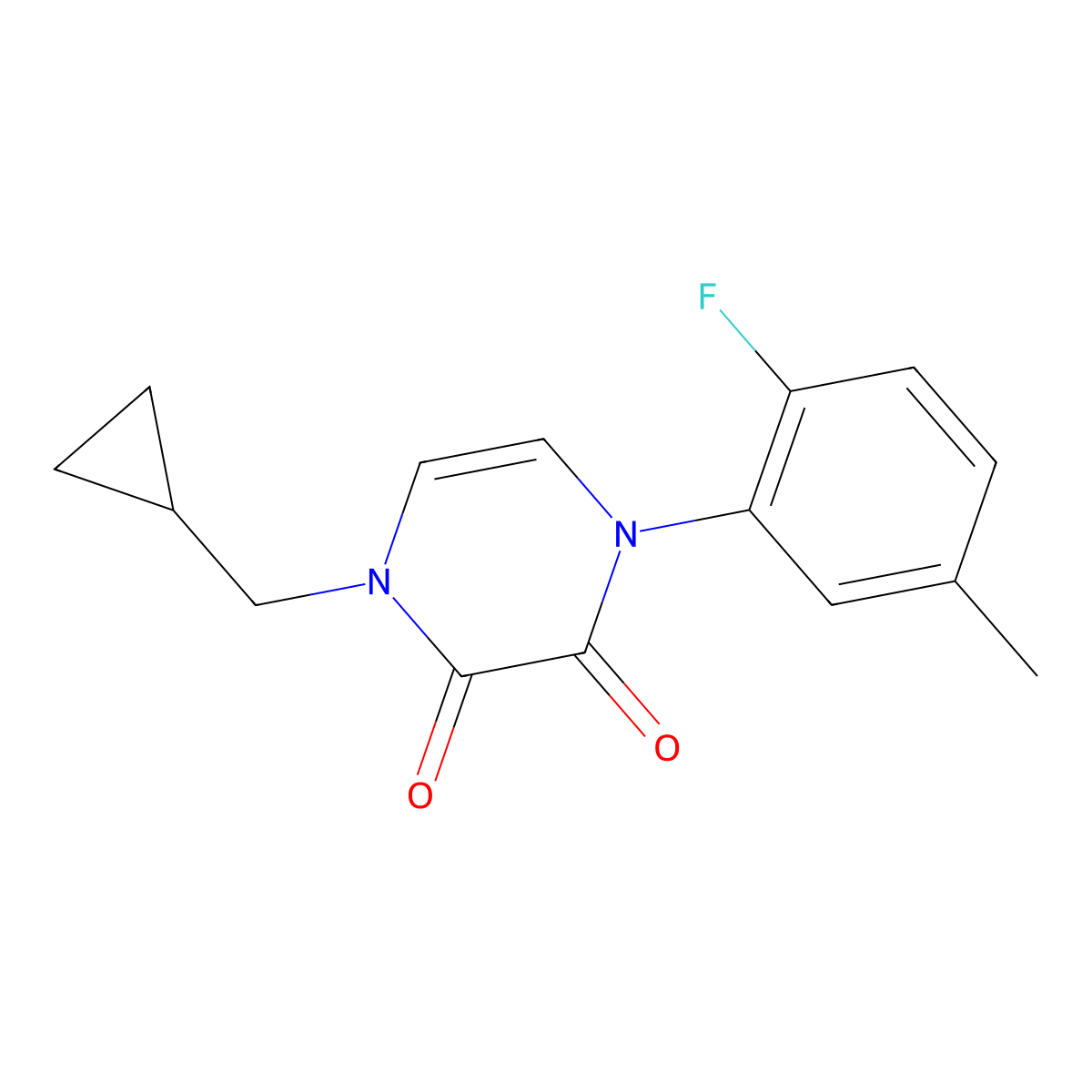 1-(Cyclopropylmethyl)-4-(2-fluoro-5-methylphenyl)-1,2,3,4-tetrahydropyrazine-2,3-dione molecular structure, CAS 2741943-01-9