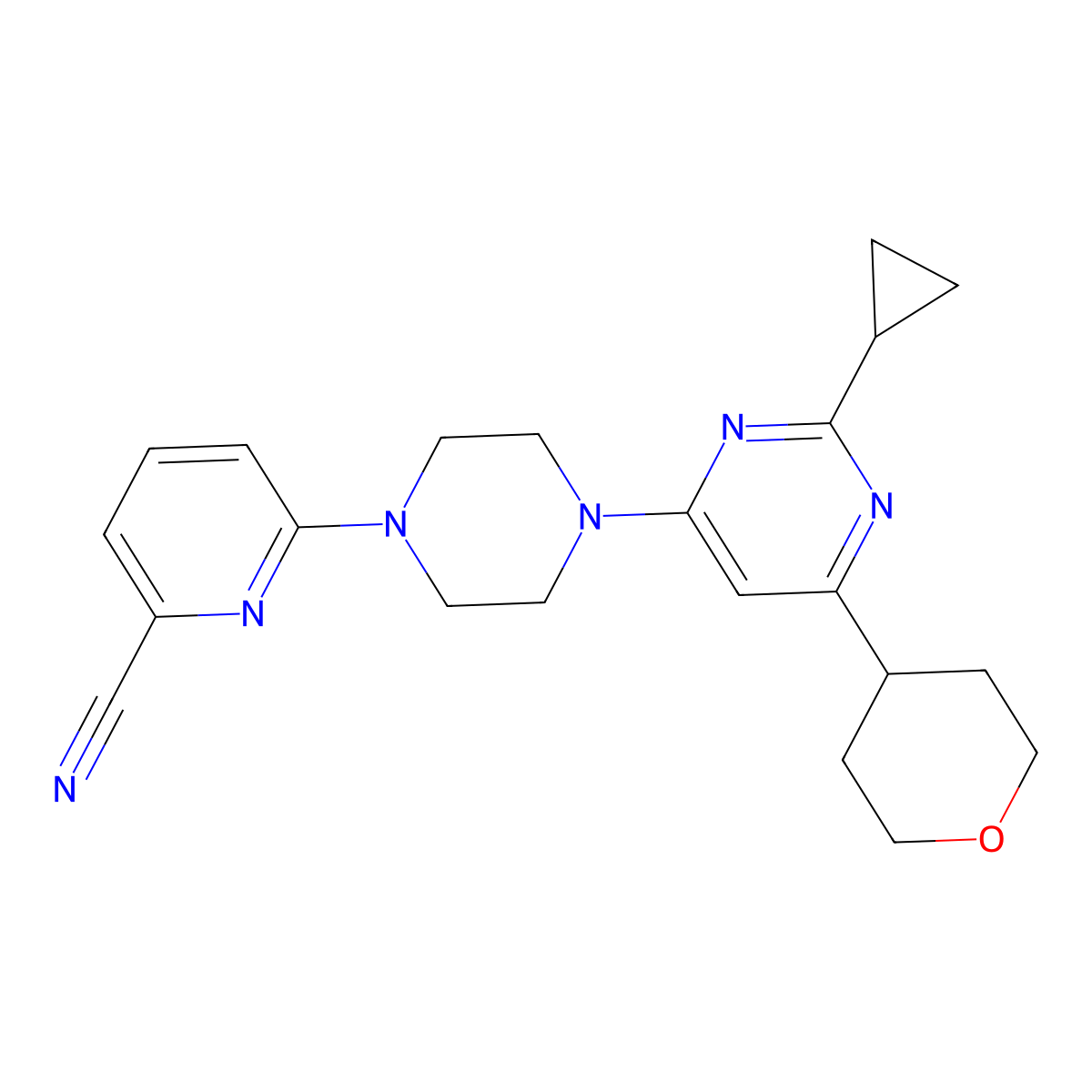 6-{4-[2-Cyclopropyl-6-(oxan-4-yl)pyrimidin-4-yl]piperazin-1-yl}pyridine-2-carbonitrile molecular structure, CAS 2741943-15-5