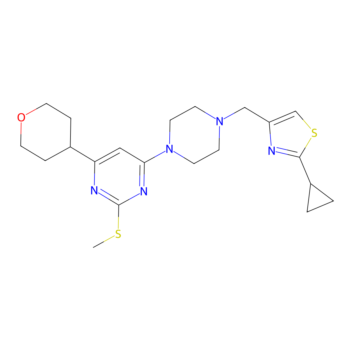 4-{4-[(2-Cyclopropyl-1,3-thiazol-4-yl)methyl]piperazin-1-yl}-2-(methylsulfanyl)-6-(oxan-4-yl)pyrimidine molecular structure, CAS 2741943-16-6
