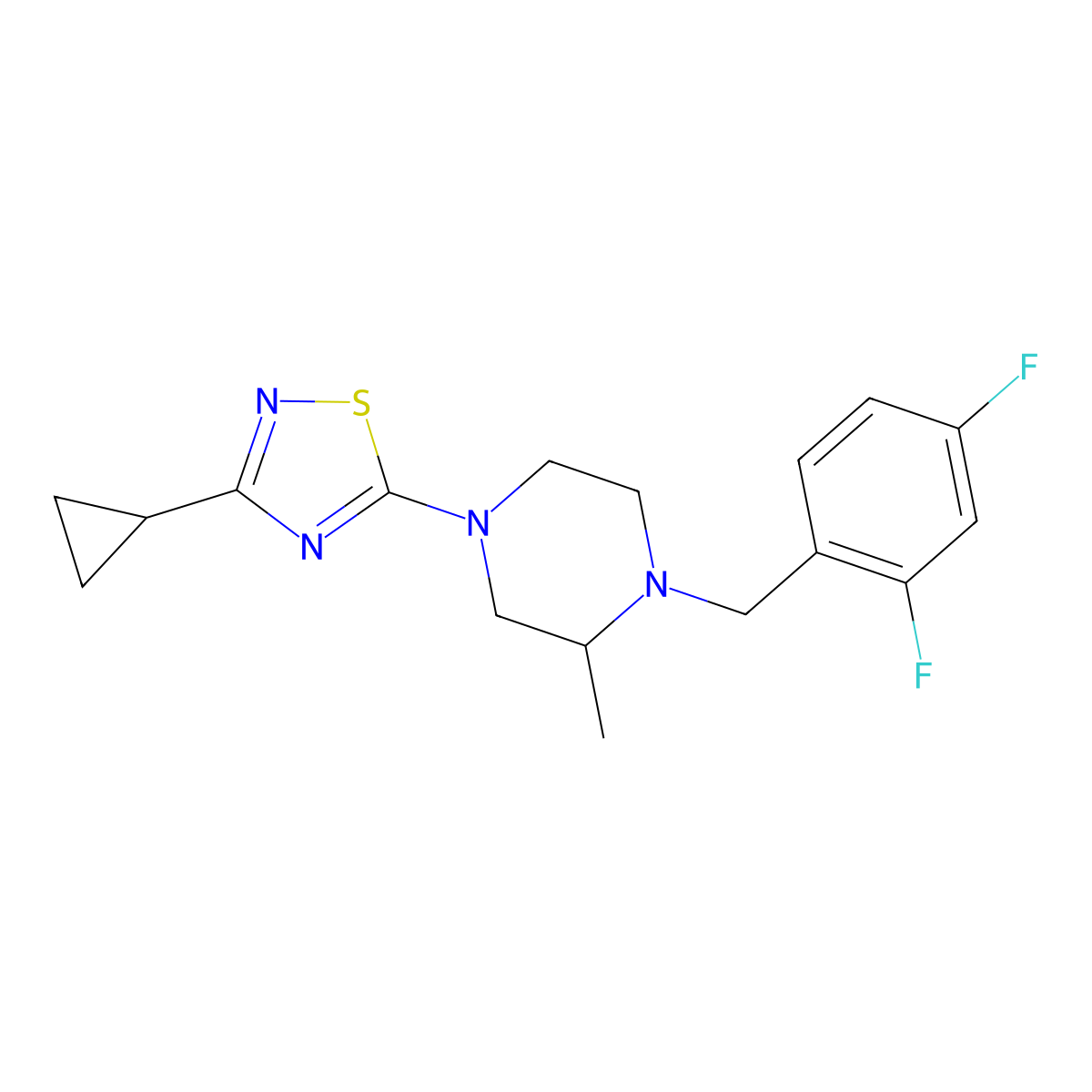 4-(3-Cyclopropyl-1,2,4-thiadiazol-5-yl)-1-[(2,4-difluorophenyl)methyl]-2-methylpiperazine molecular structure, CAS 2741943-21-3