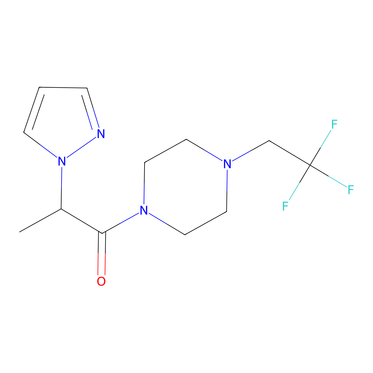 2-(1H-pyrazol-1-yl)-1-[4-(2,2,2-trifluoroethyl)piperazin-1-yl]propan-1-one molecular structure, CAS 2741943-32-6