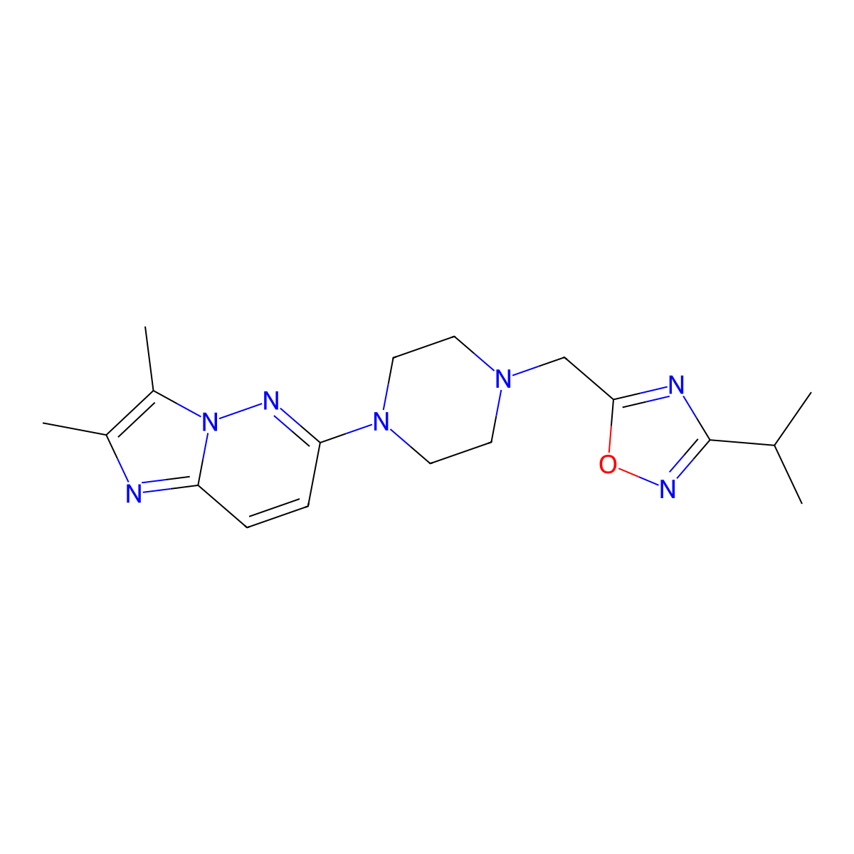 1-{2,3-Dimethylimidazo[1,2-b]pyridazin-6-yl}-4-{[3-(propan-2-yl)-1,2,4-oxadiazol-5-yl]methyl}piperazine molecular structure, CAS 2741943-34-8