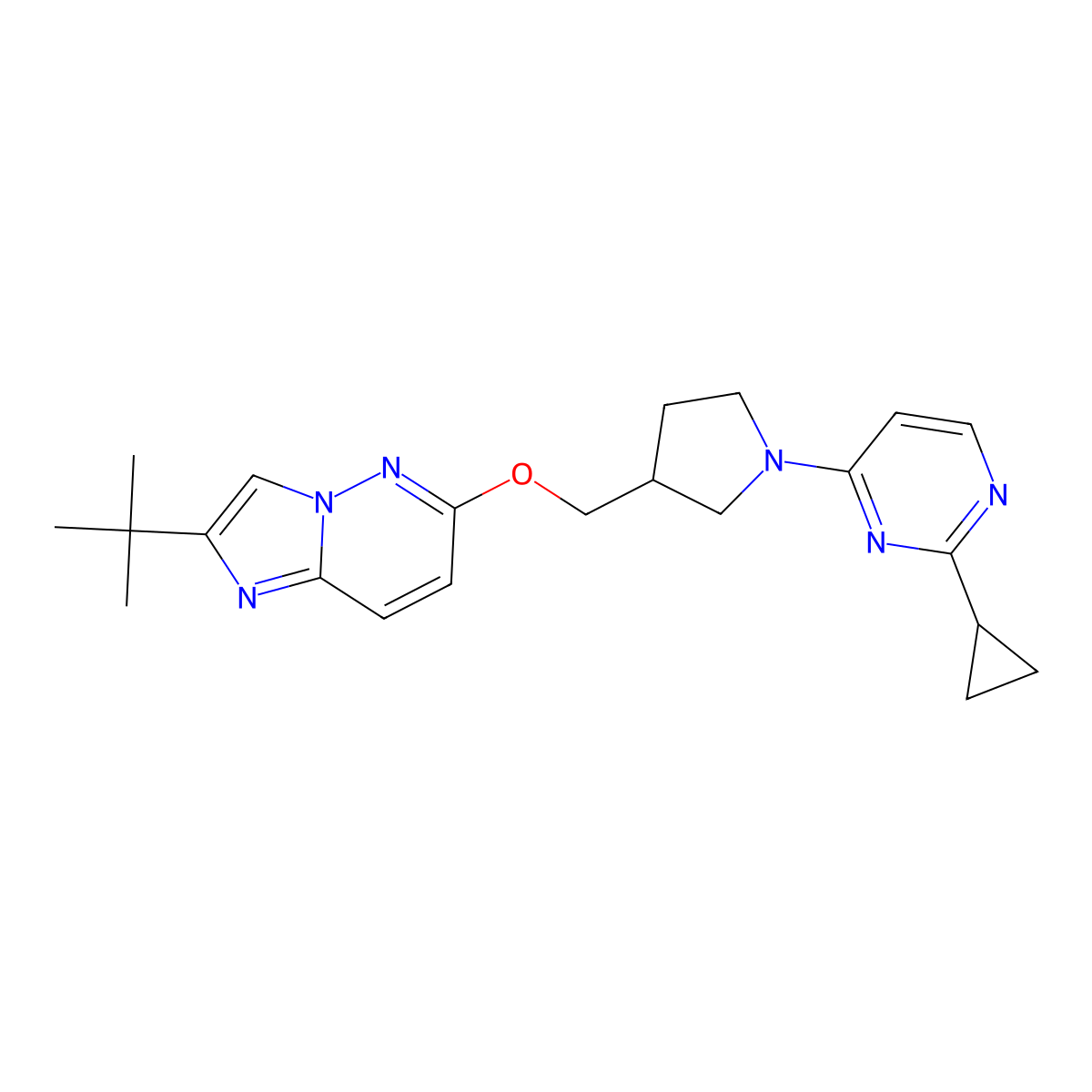 4-{3-[({2-Tert-butylimidazo[1,2-b]pyridazin-6-yl}oxy)methyl]pyrrolidin-1-yl}-2-cyclopropylpyrimidine molecular structure, CAS 2741943-36-0